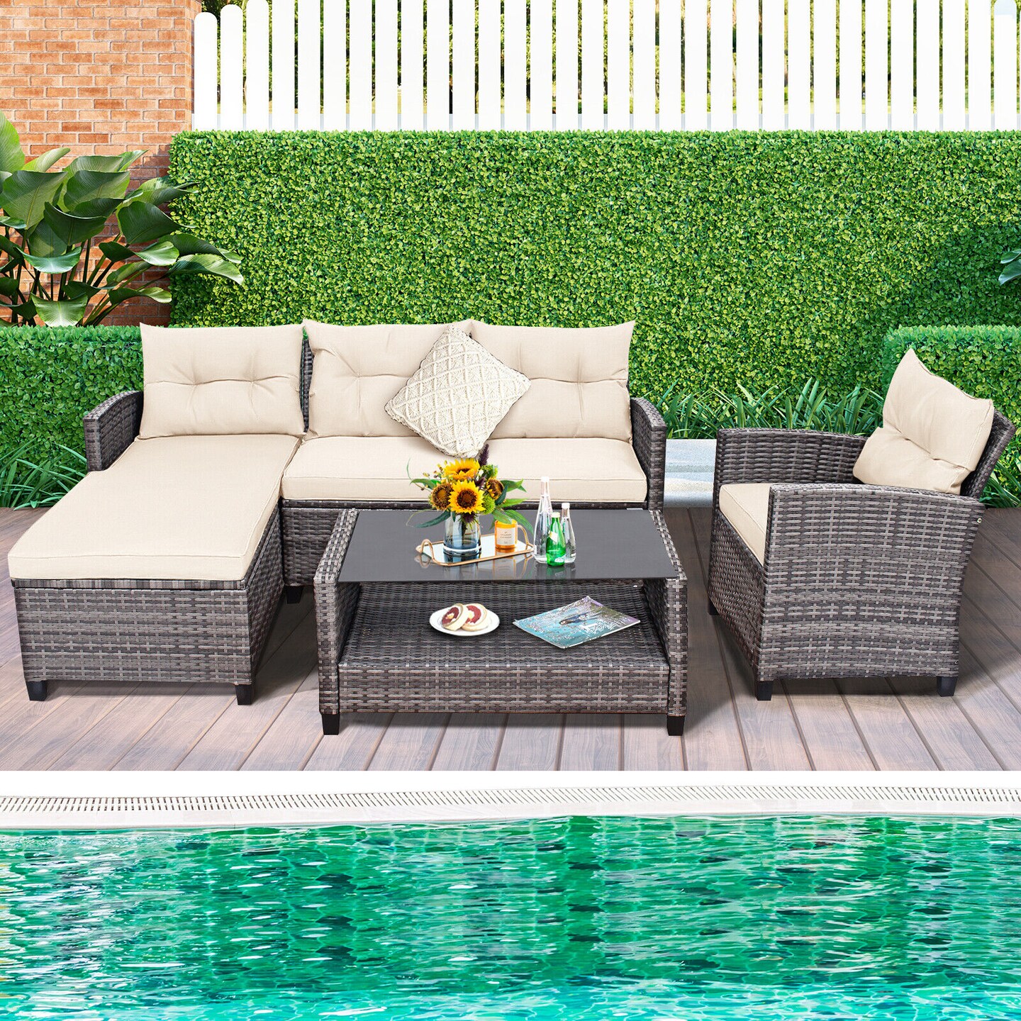 4 Pieces Patio Rattan Furniture Set With Cushion And Table Shelf
