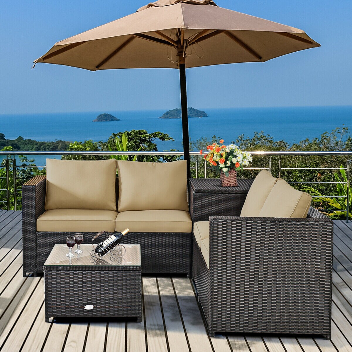 4 Pcs Outdoor Patio Rattan Furniture Set with Cushioned Loveseat and Storage Box