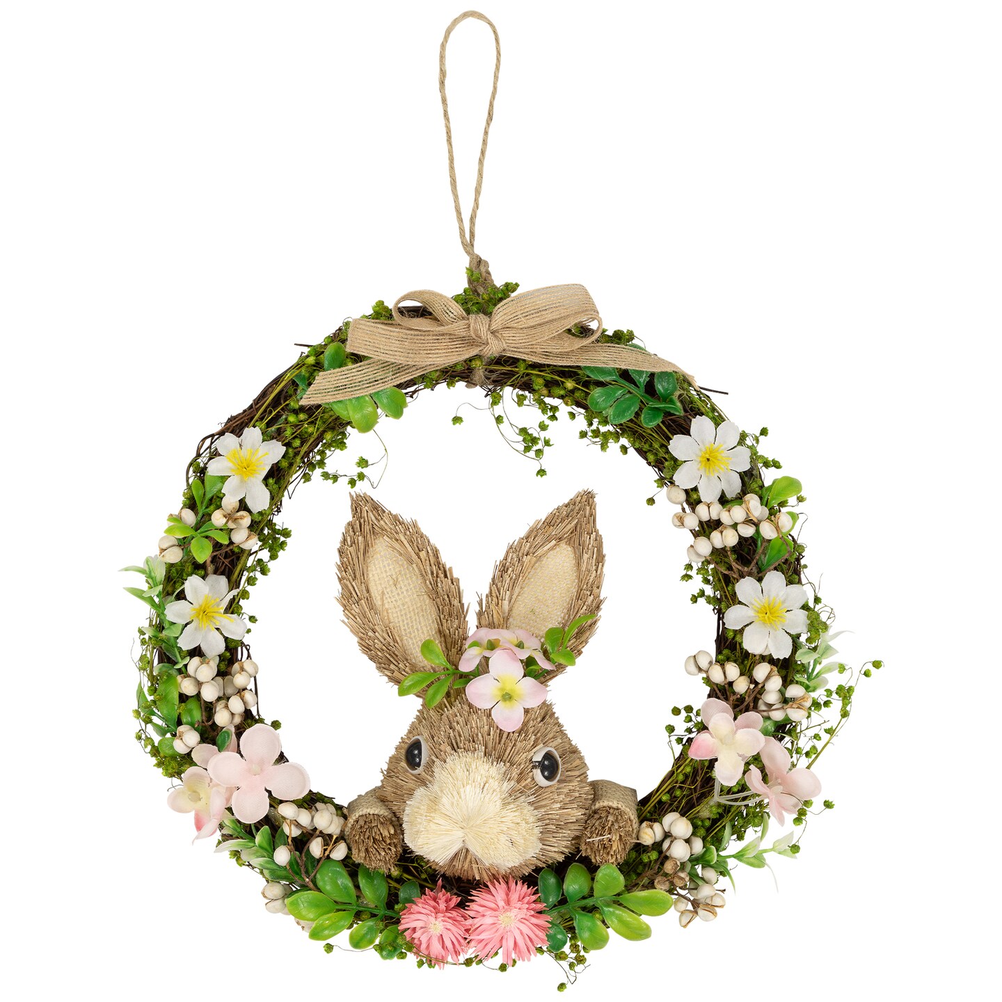 Northlight Spring Floral Easter Wreath with Peering Rabbit - 11&#x22; - Green and Pink
