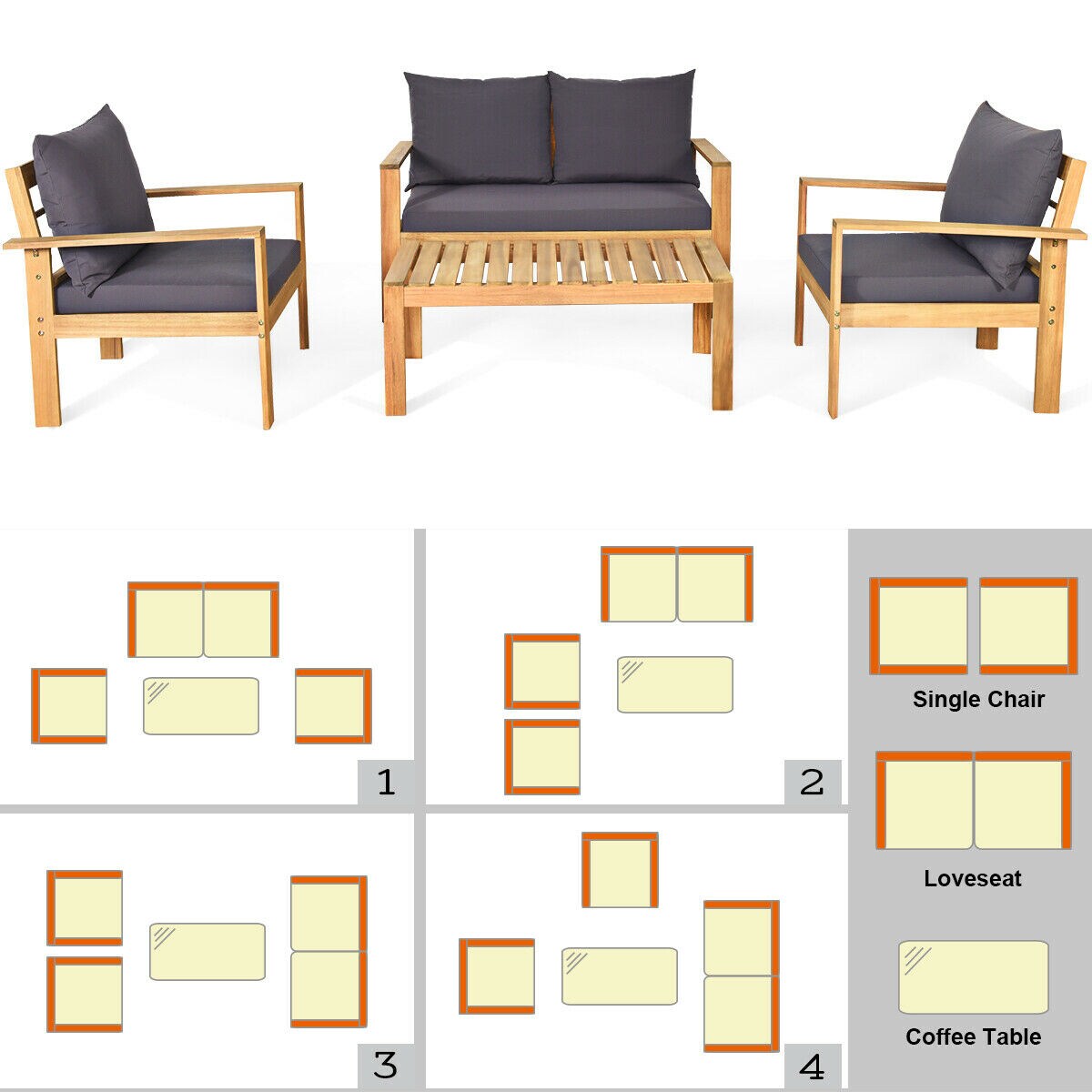 4 Piece Outdoor Acacia Wood Chat Set with Removable Cushions and Table