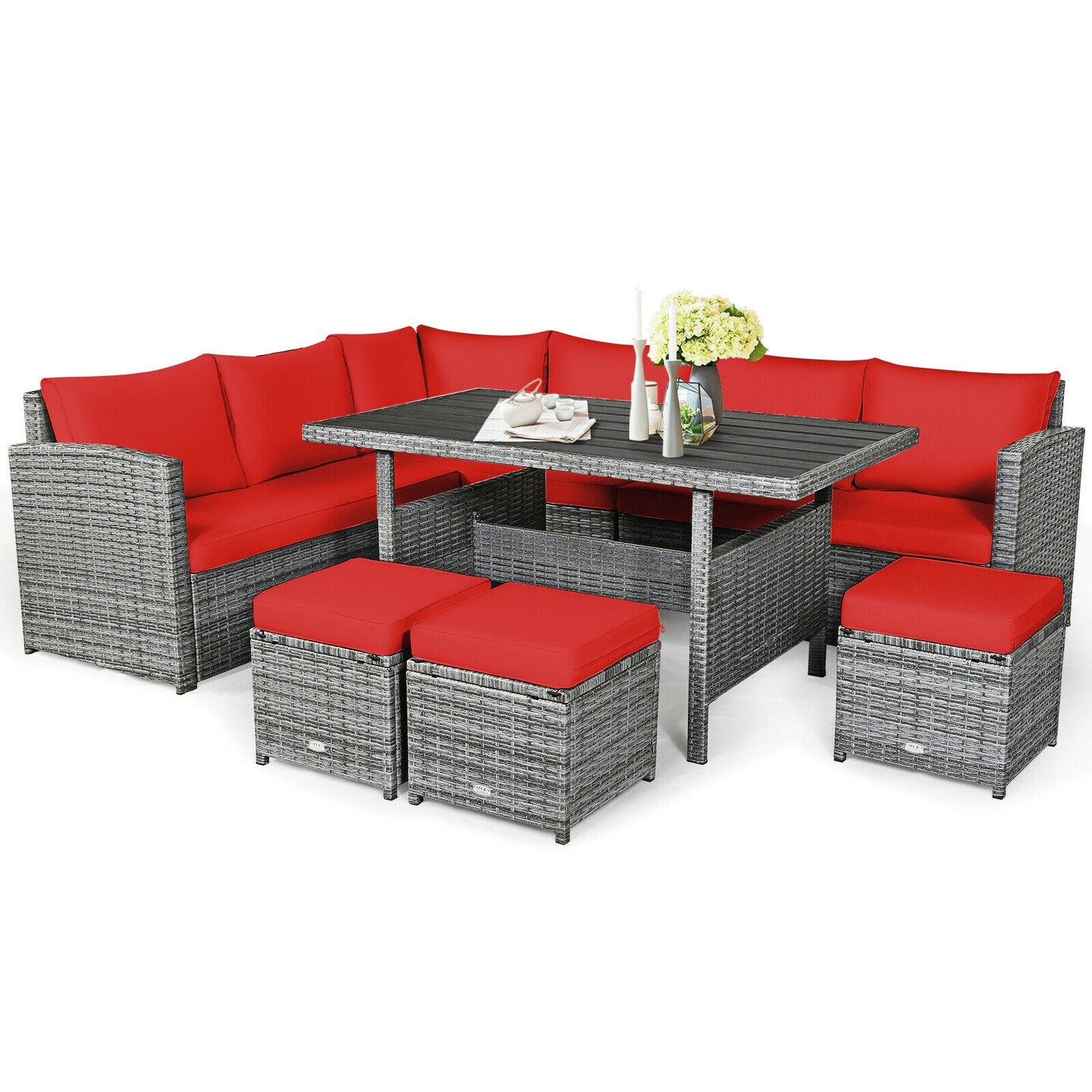 7 Pieces Patio Rattan Dining Furniture Sectional Sofa Set With Wicker Ottoman