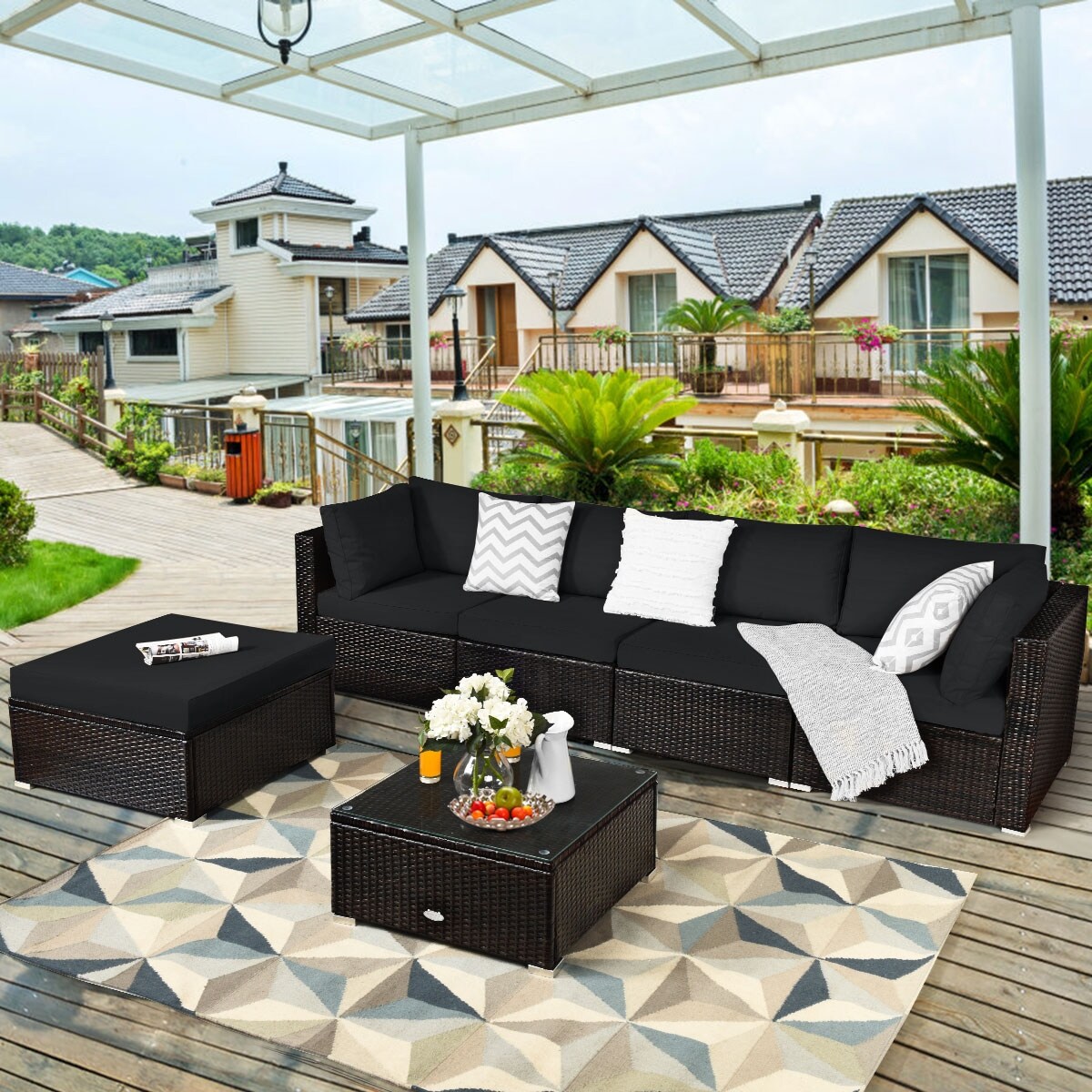 6 Pieces Outdoor Patio Rattan Sectional Sofa Set With Coffee Table