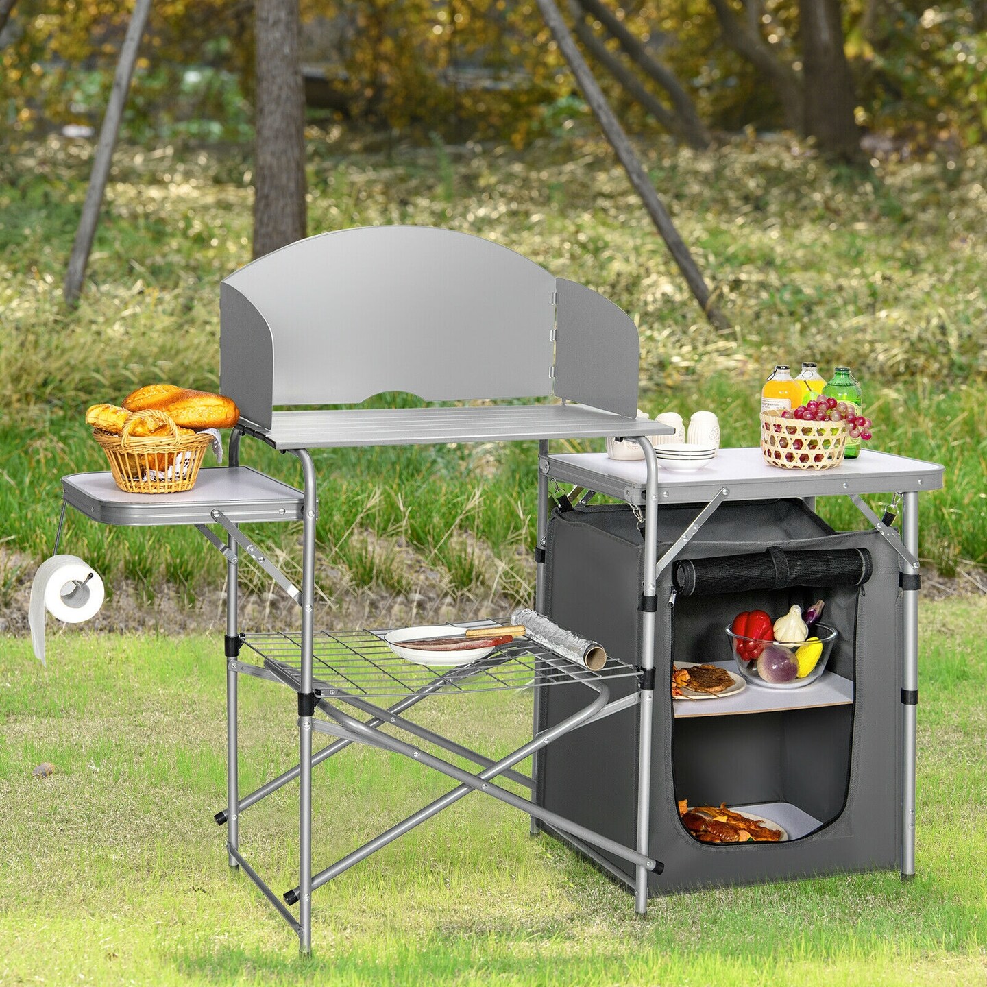 Fold-able Outdoor BBQ Portable Grilling Table With Windscreen Bag