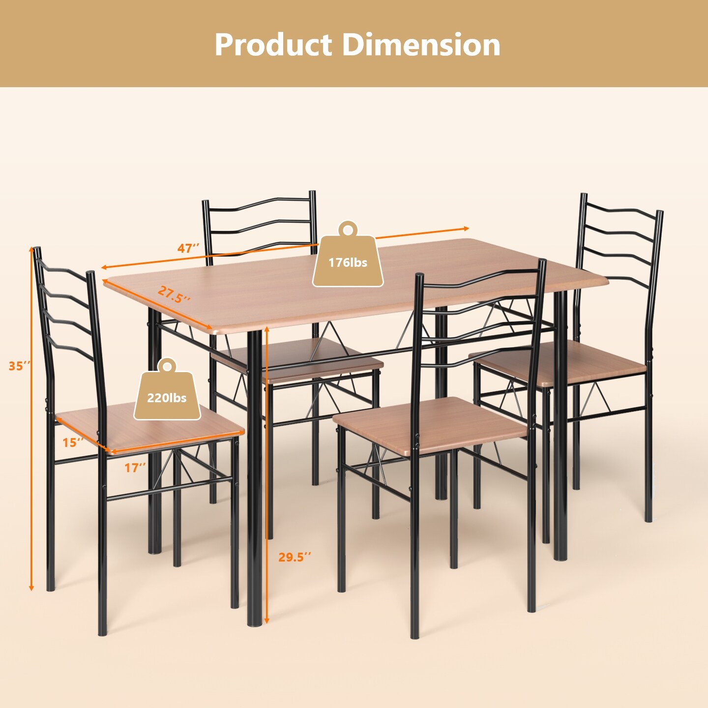 5 pcs Wood Metal Dining Table Set with 4 Chairs