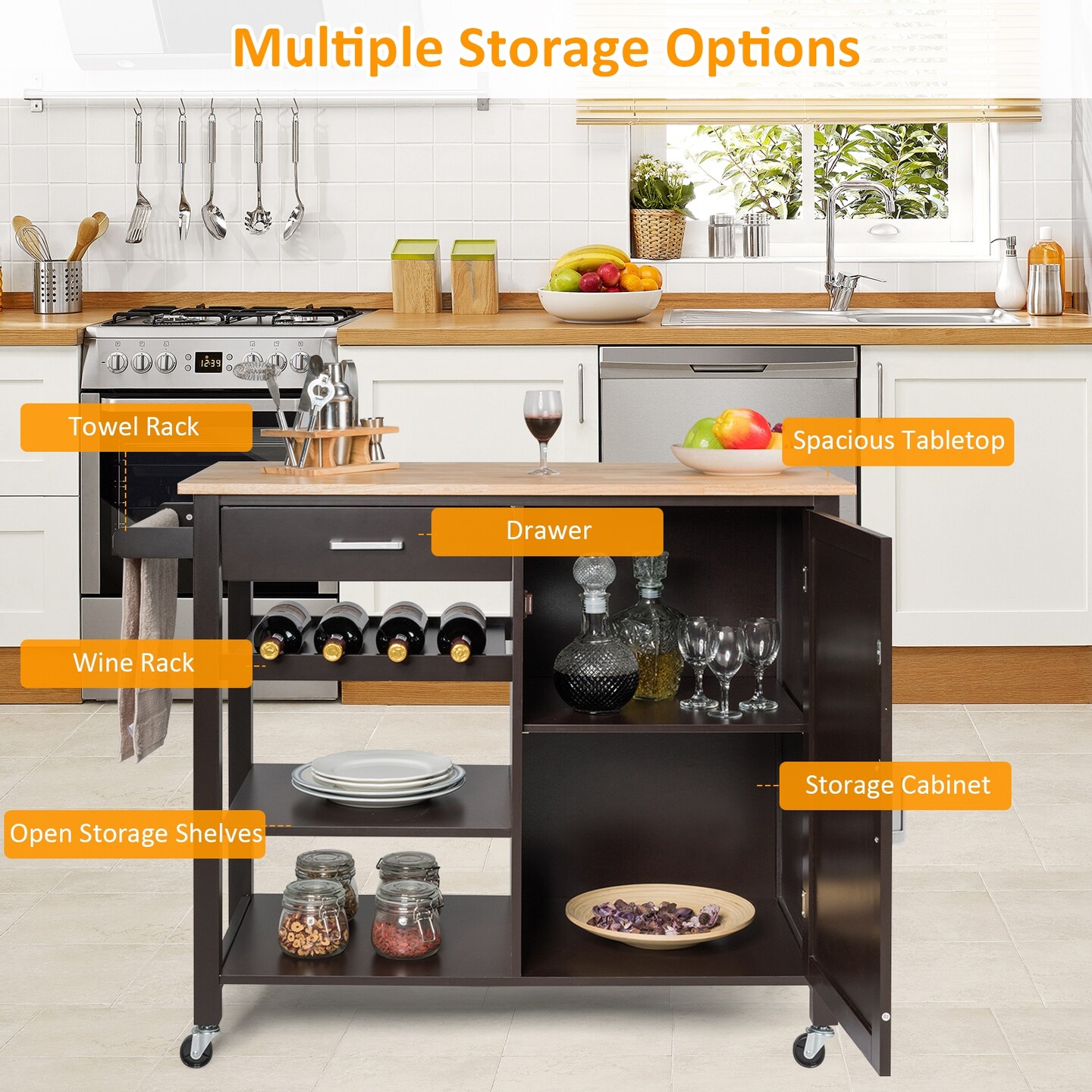 Kitchen Island Cart Rolling Serving Cart Wood Trolley with Adjustable Shelf
