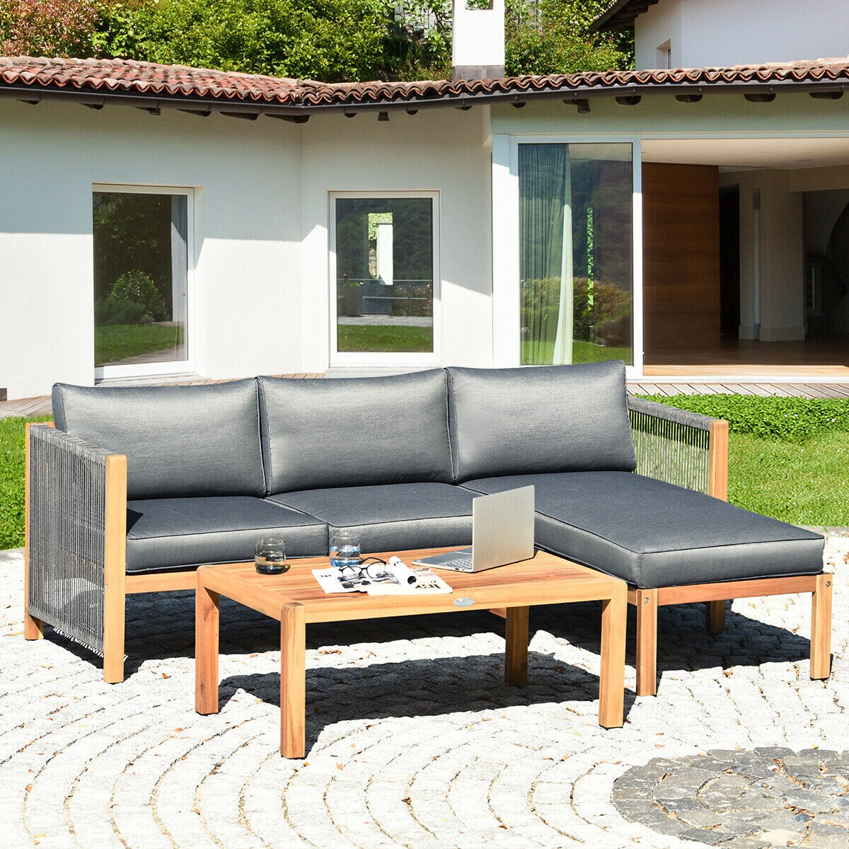 3 Piece Patio Acacia Sofa Set With Nylon Armrest