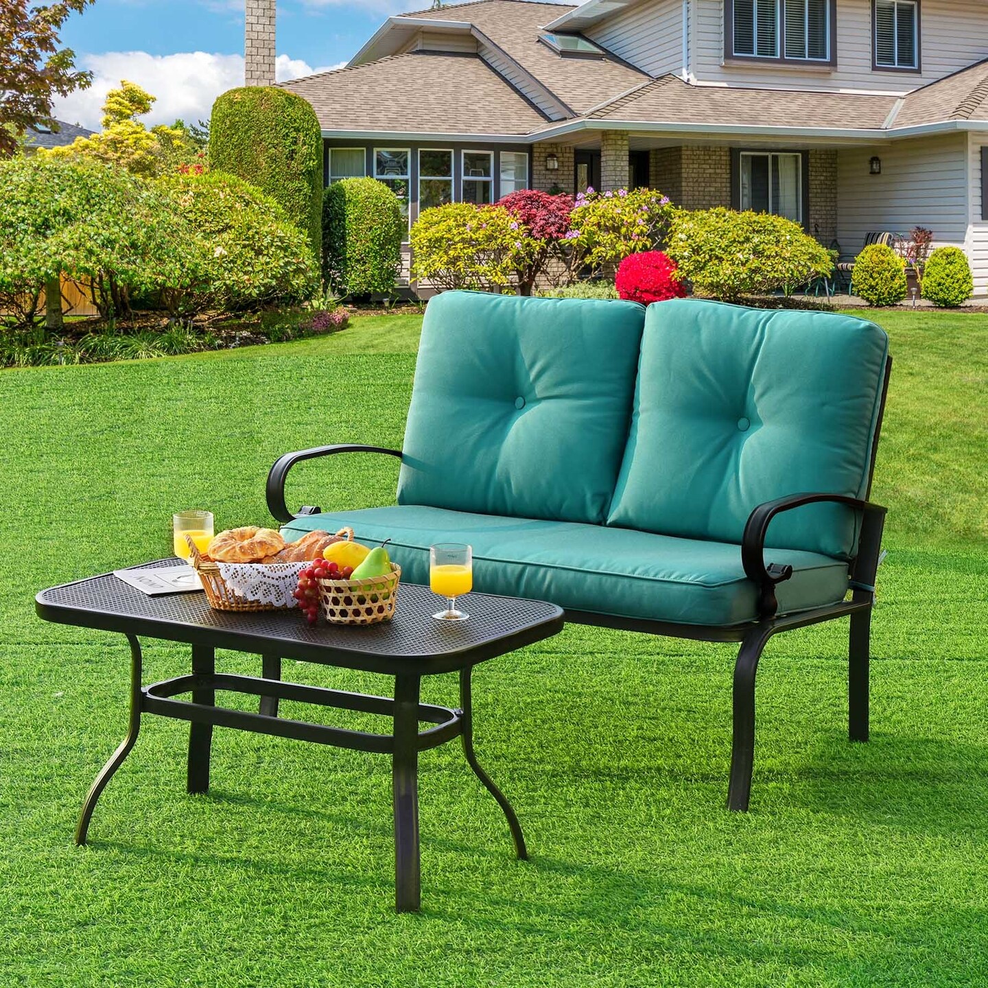 2 Pieces Patio Loveseat Bench Table Furniture Set with Cushioned Chair