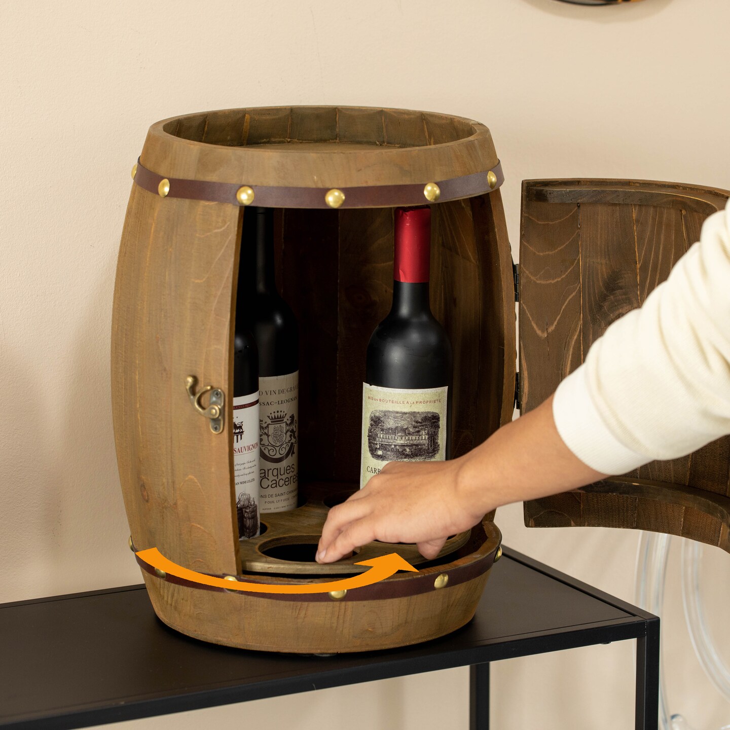 Vintage Wooden Barrel Shaped Wine Holder with a rotating turntable that allows easy access to your wine for Dining Room, Entryway, or Kitchen