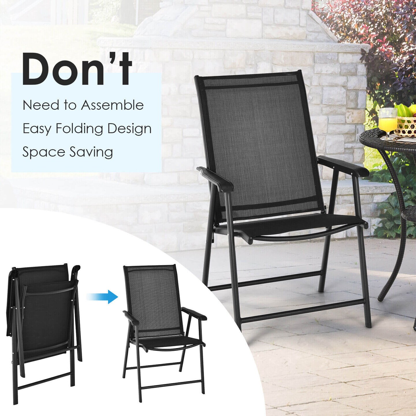 Set of 2 Outdoor Patio Folding Chairs with with 2 Ergonomic Armrests and Iron Frame