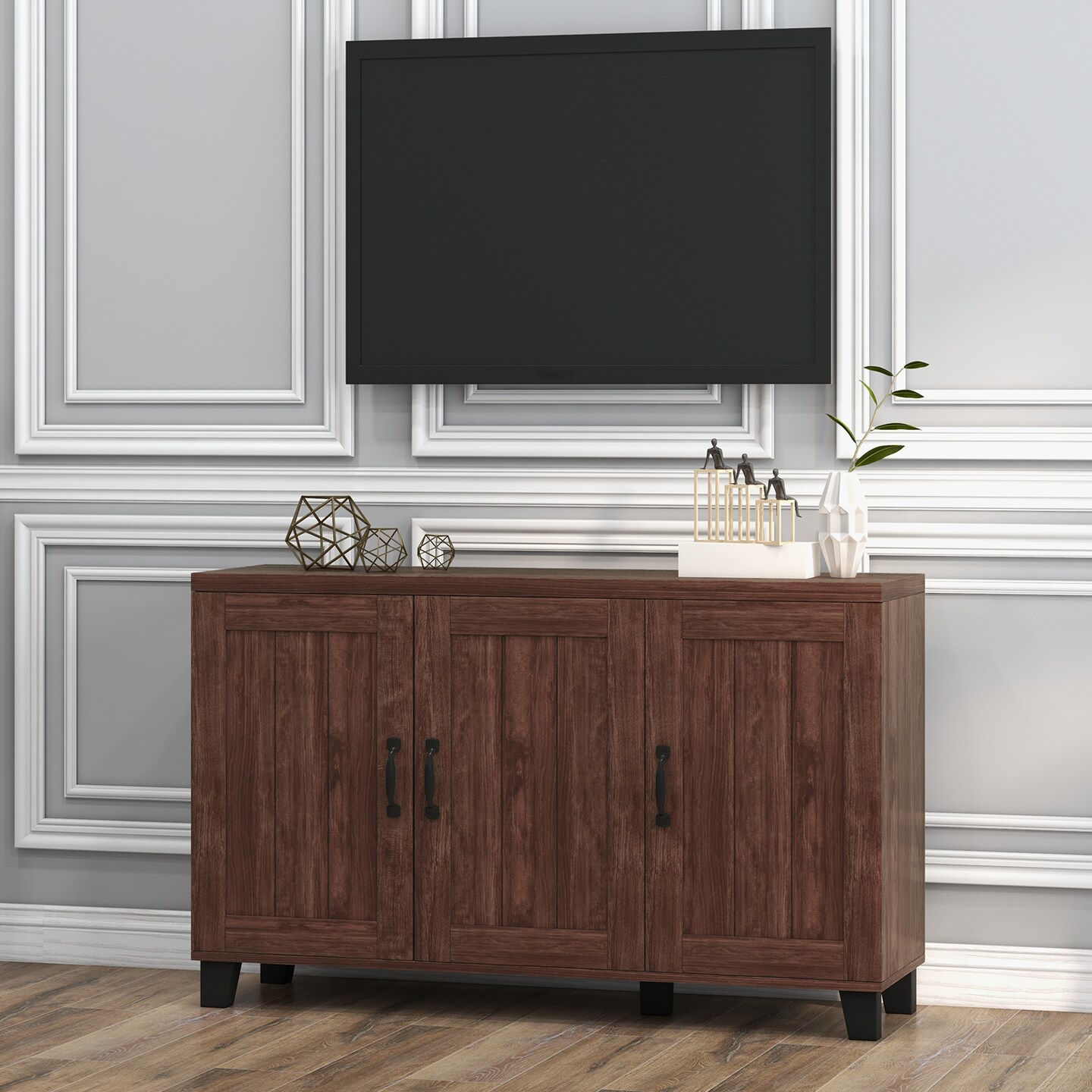 3-Door Buffet Sideboard with Adjustable Shelves and Anti-Tipping Kits-Brown