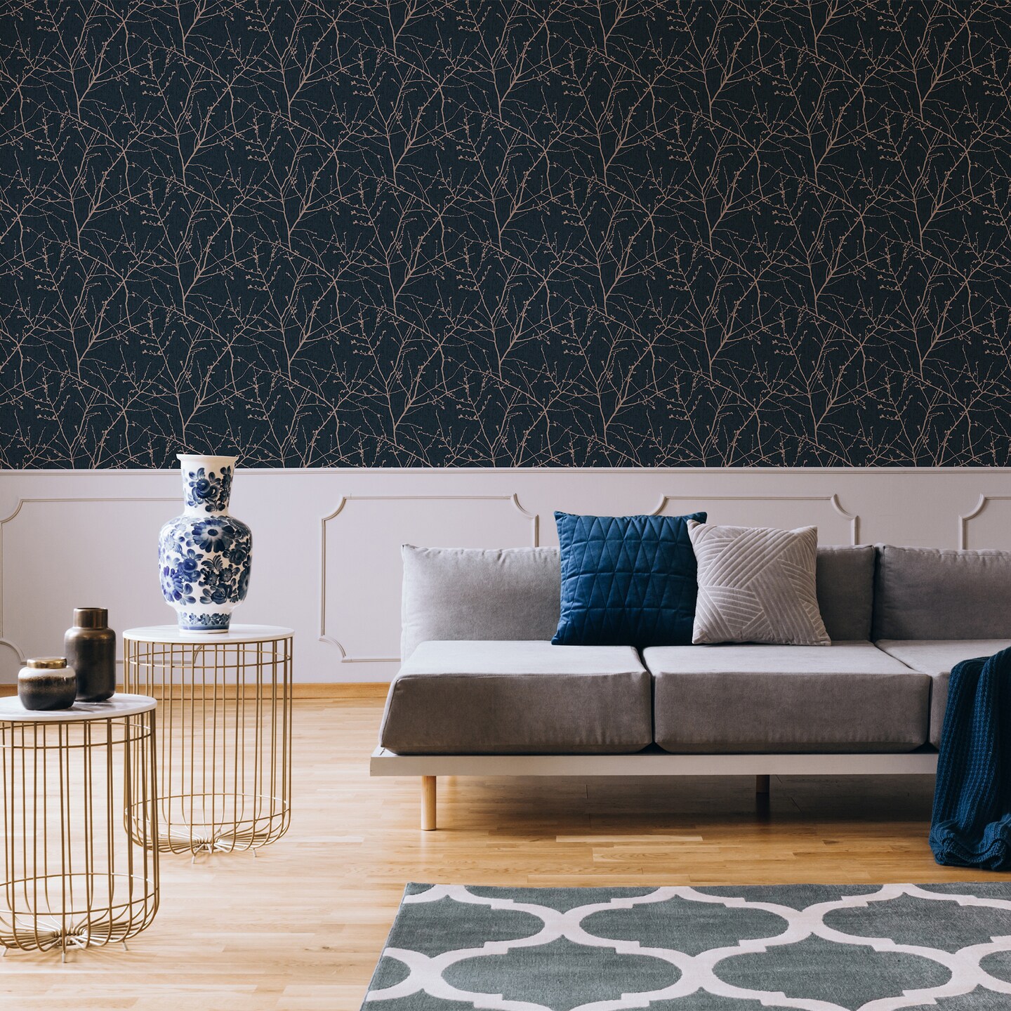 Innocence Navy and Copper Wallpaper