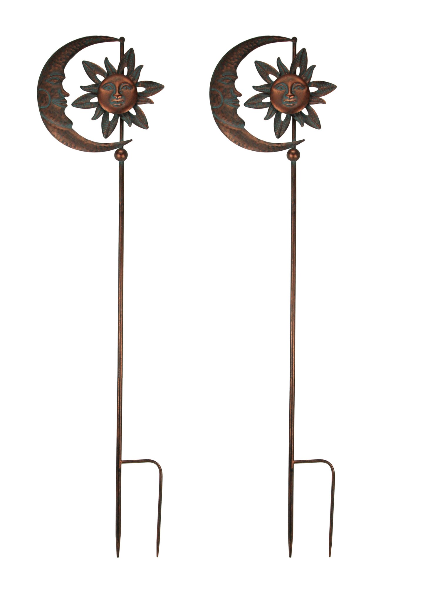2 Verdigris Patina Copper Finish Celestial Sun and Moon Wind Spinner Stakes