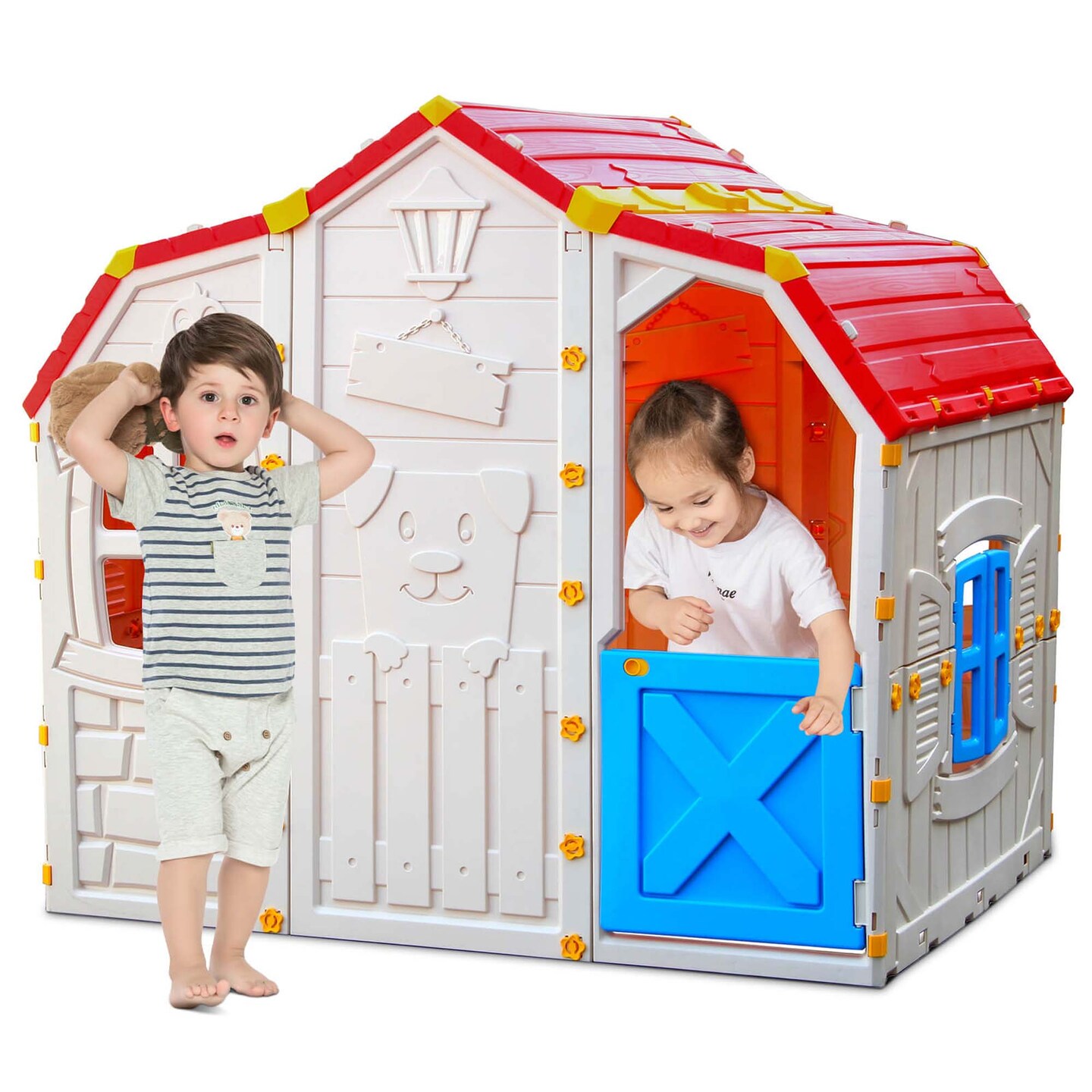 Costway Kids Playhouse Realistic Cottage Playhouse with Openable Windows &#x26; Working Door