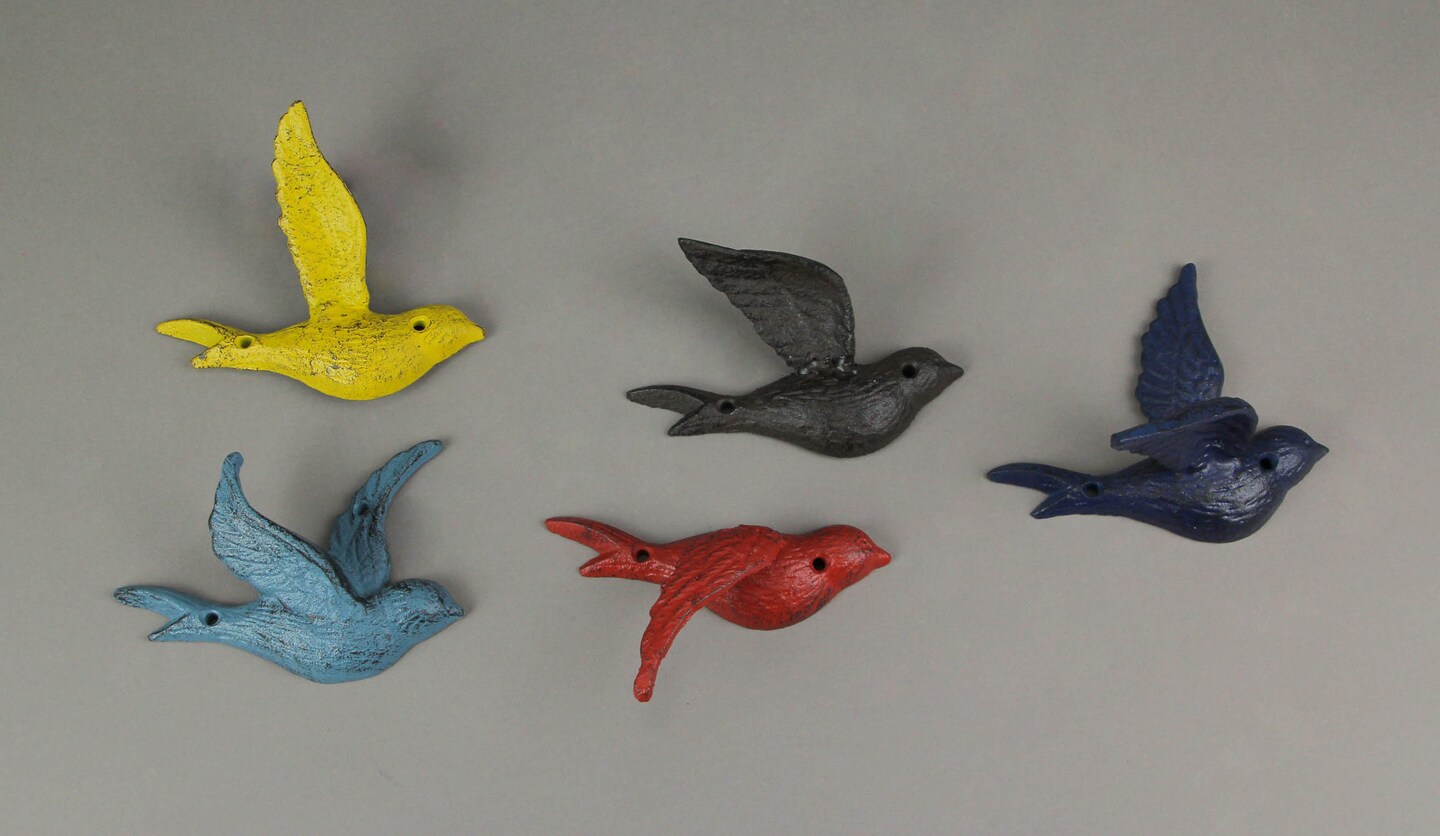 Set of 5 Cast Iron Distressed Finish Flying Birds Decorative Wall Decor