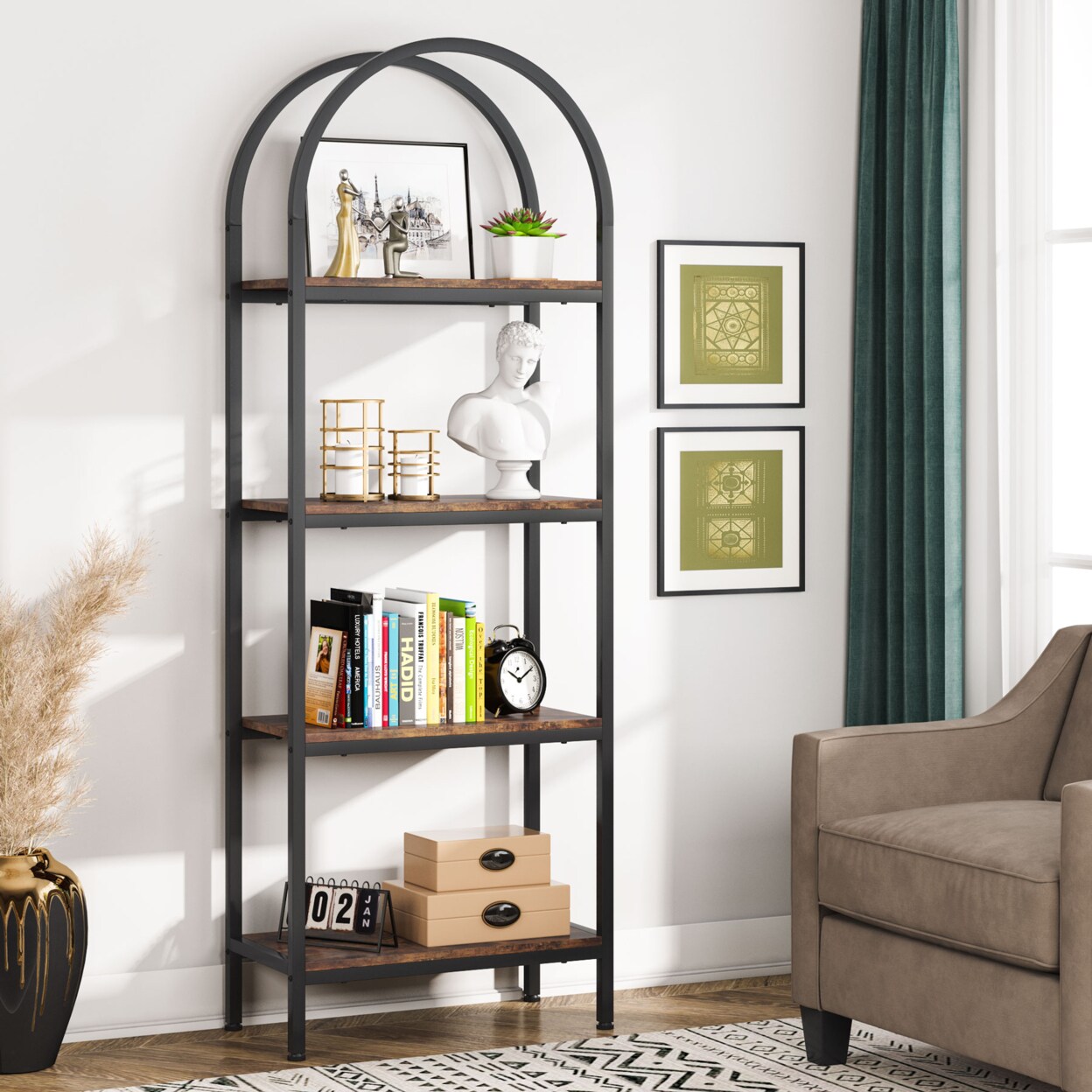 Tribesigns   4-Tier Open Bookshelf 70.8&#x22; Industrial Wood Bookcase Storage Shelves with Metal Frame Freestanding Display