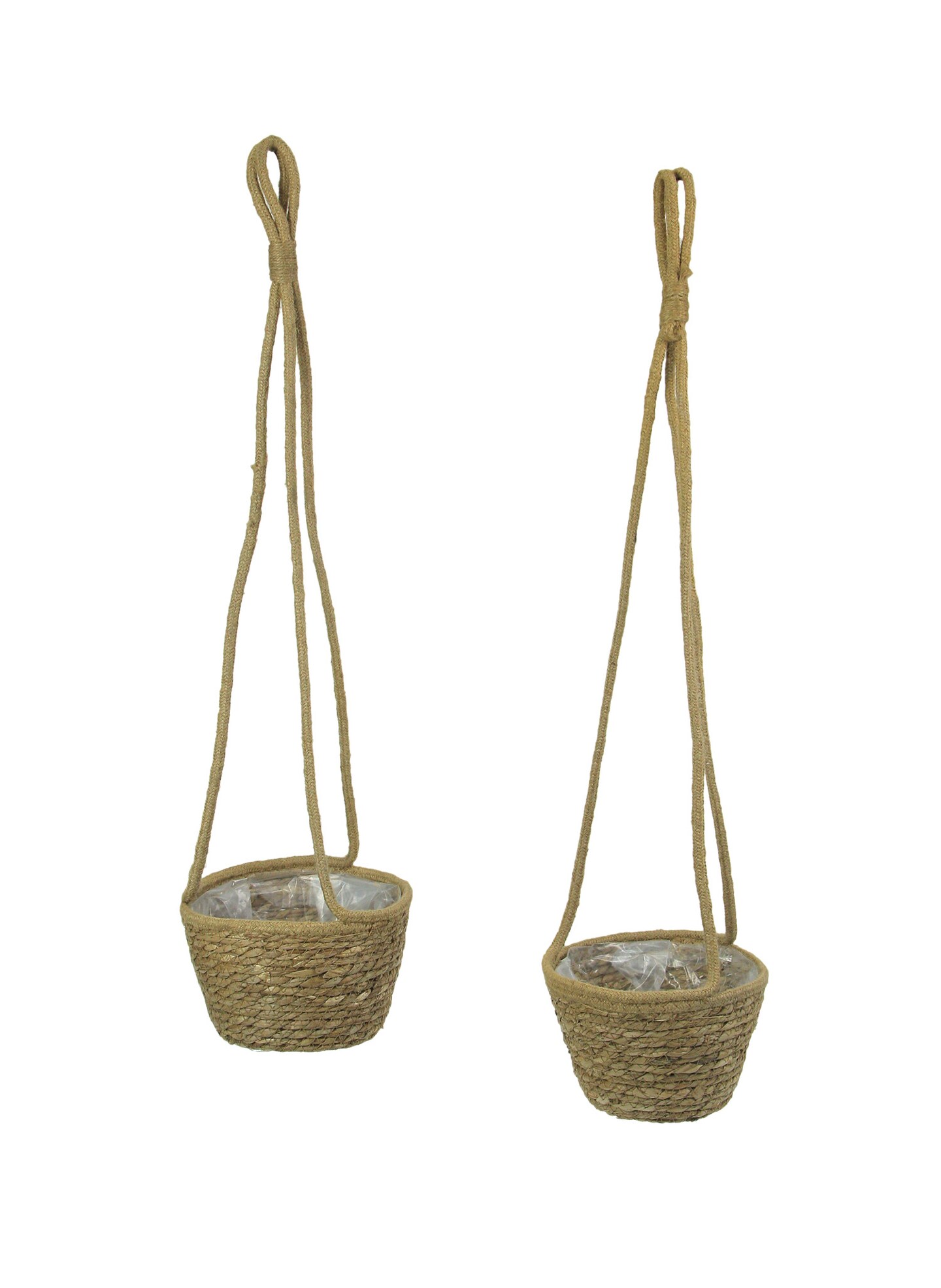 Set of 2 Woven Natural Jute Rope Hanging Planters With Clear Plastic Liners