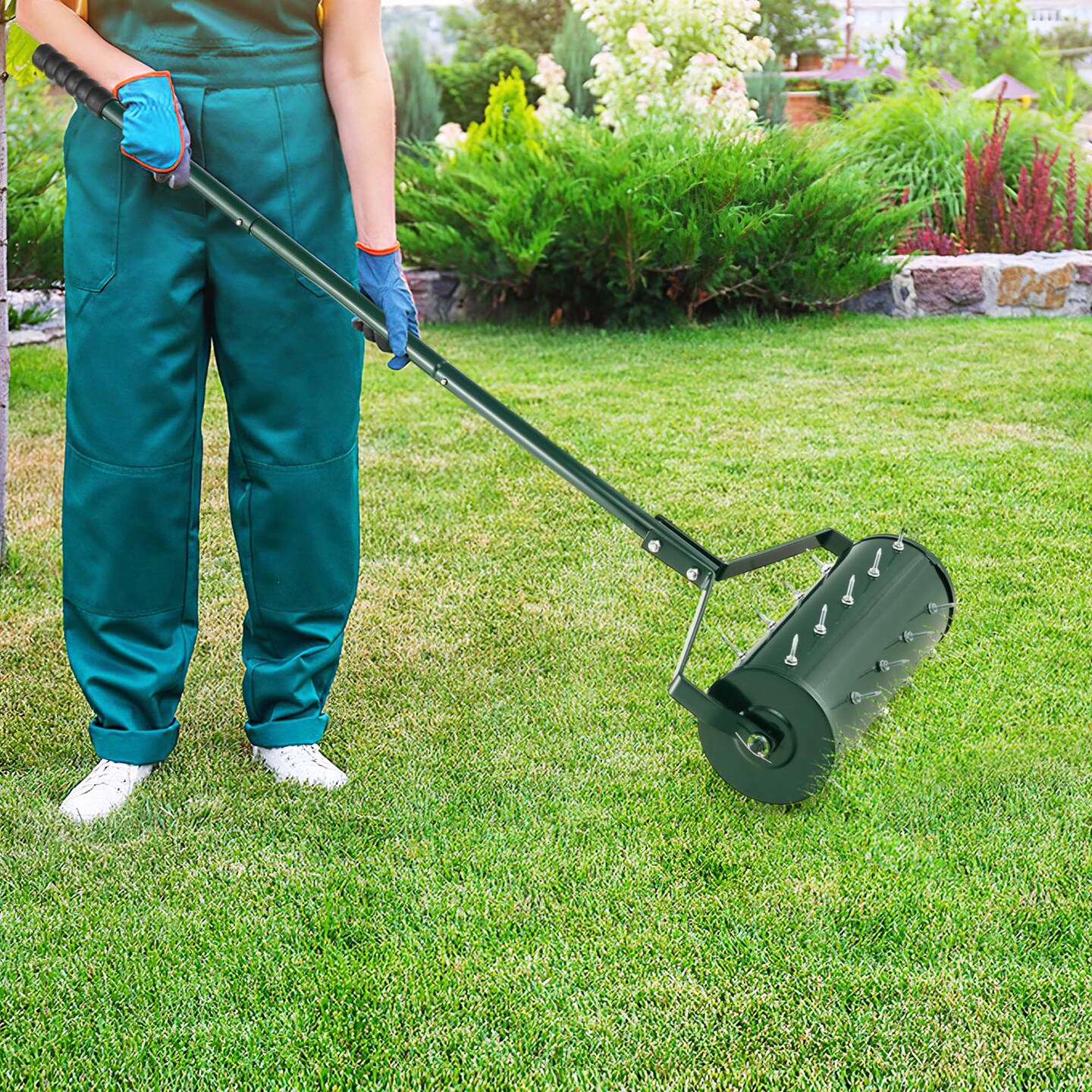 Costway 18&#x22;/21&#x22; Manual Lawn Aerator Heavy Duty Rolling Push Grass Filled with Sand or Stone Aeration Tool with Handle Green