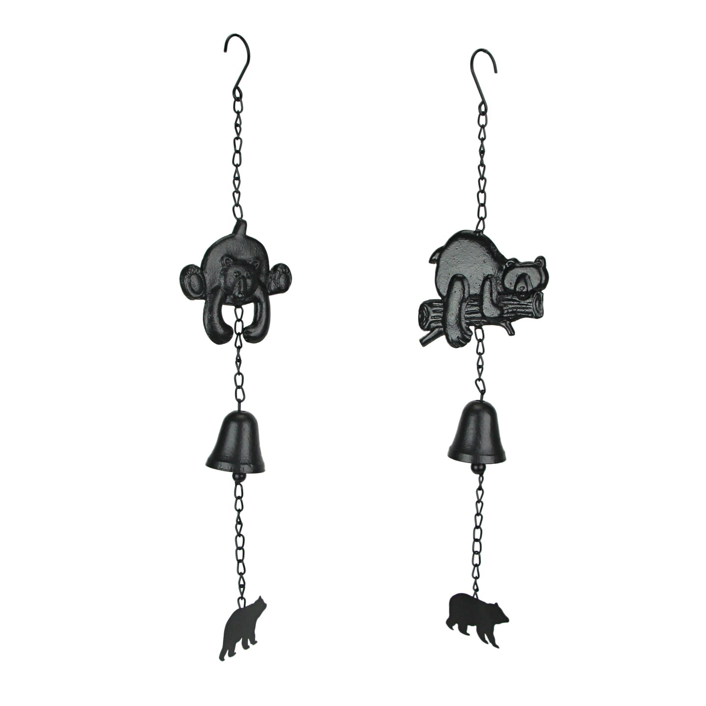 Set of 2 Black Cast Iron Bear Wind Chime Hanging Bells Outdoor Home Cabin Decor