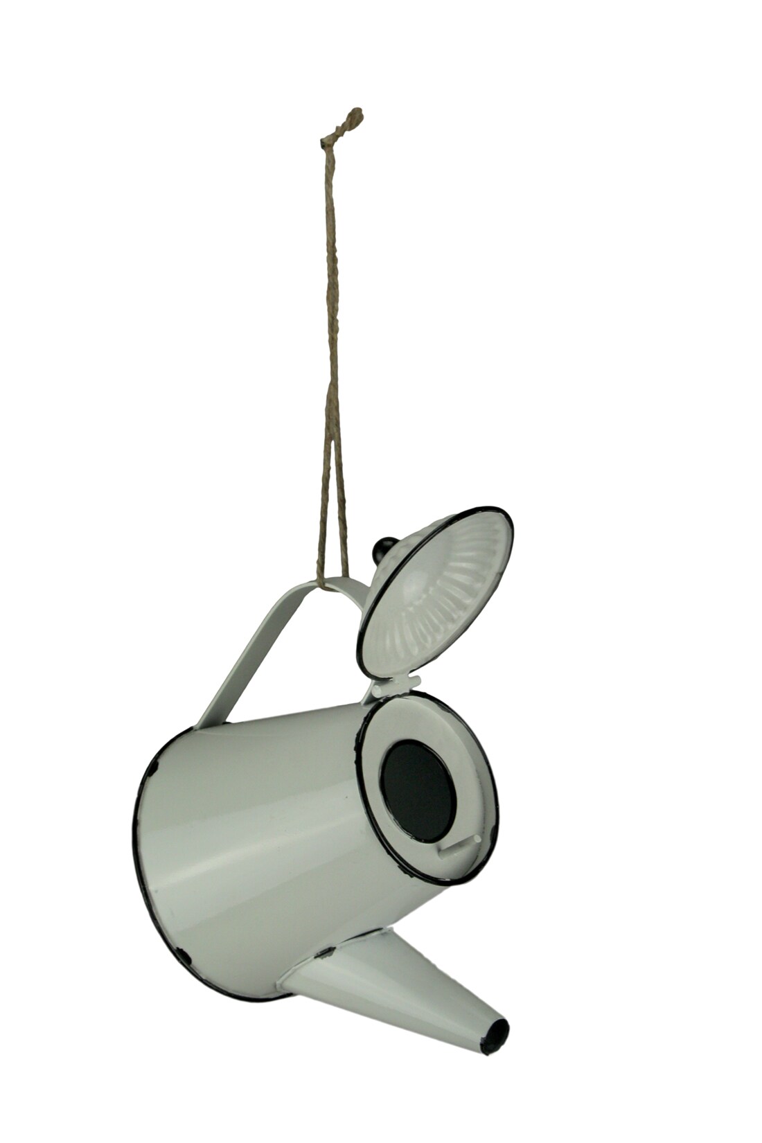 White Enamel Metal Rustic Tea Kettle Decorative Outdoor Hanging Birdhouse Small