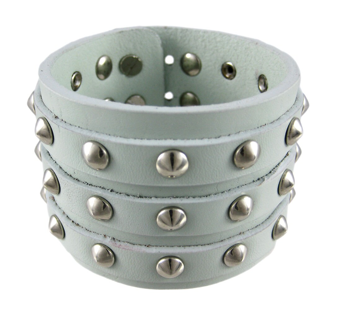 Gray Leather 3 Row Cone Spiked Wristband