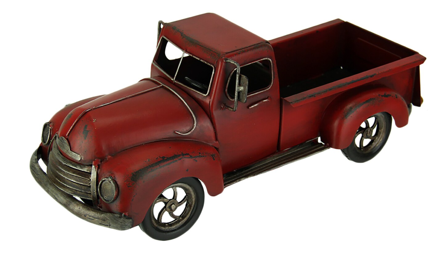 Hand Painted Vintage Red Pickup Truck Metal Statue