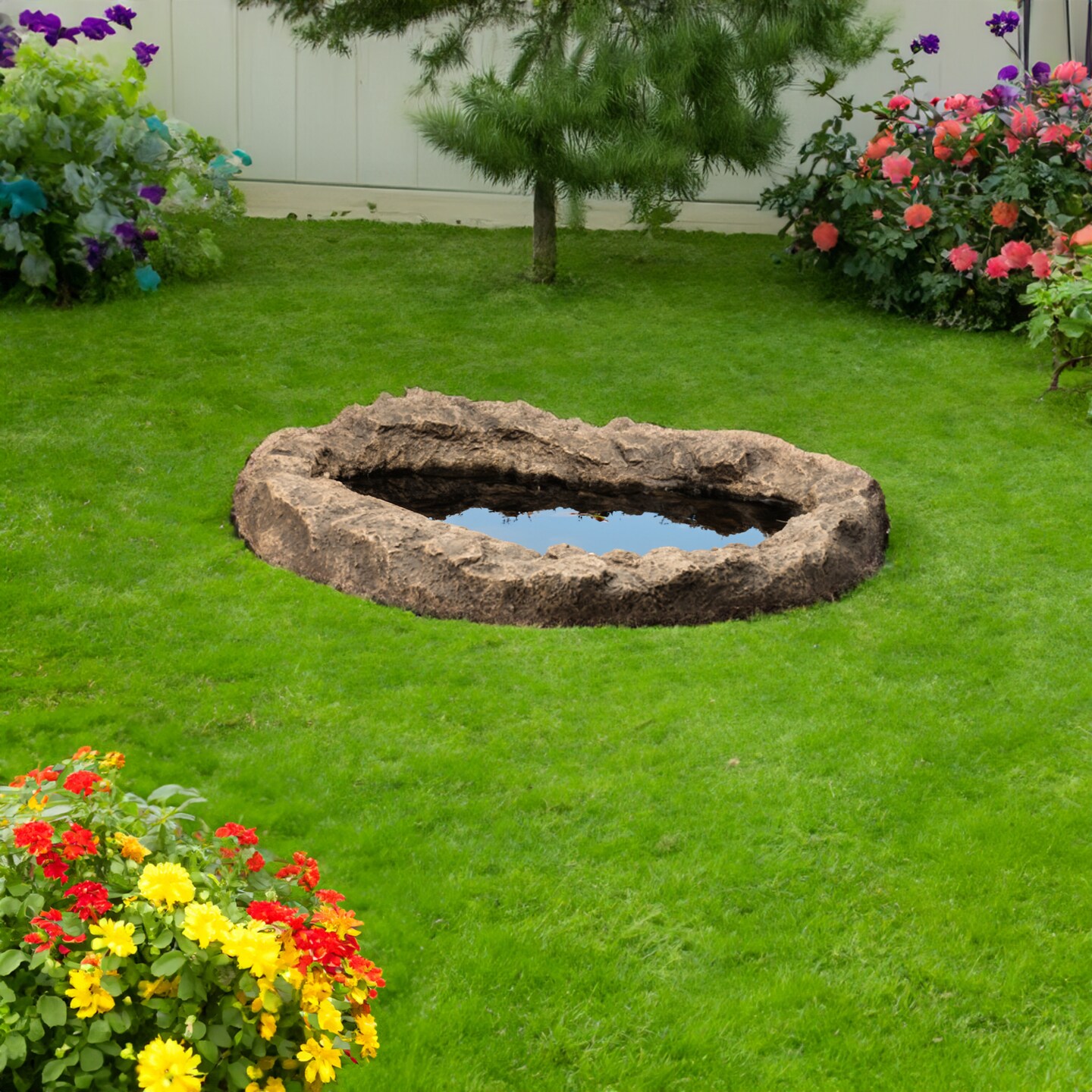 Small Flower Faux Rock Fiberglass Garden Decorative Water Pond, 17 Gallon Sandstone Outdoor Patio Bed Waterfall Pond