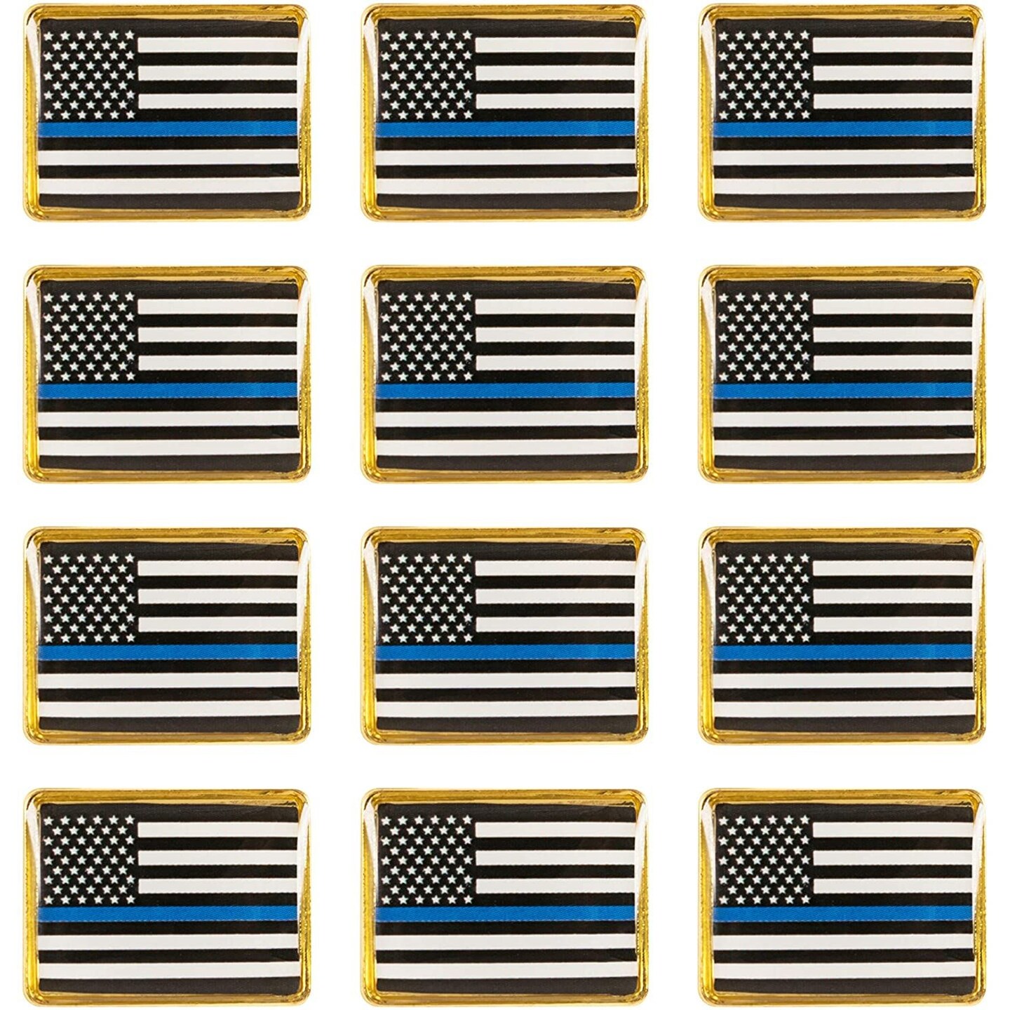 American Flag Police Lapel Pin - 12-Pack Thin Blue Line Flag Rectangle Pins, Law Enforcement Support, Black Blue and White with Gold Frame