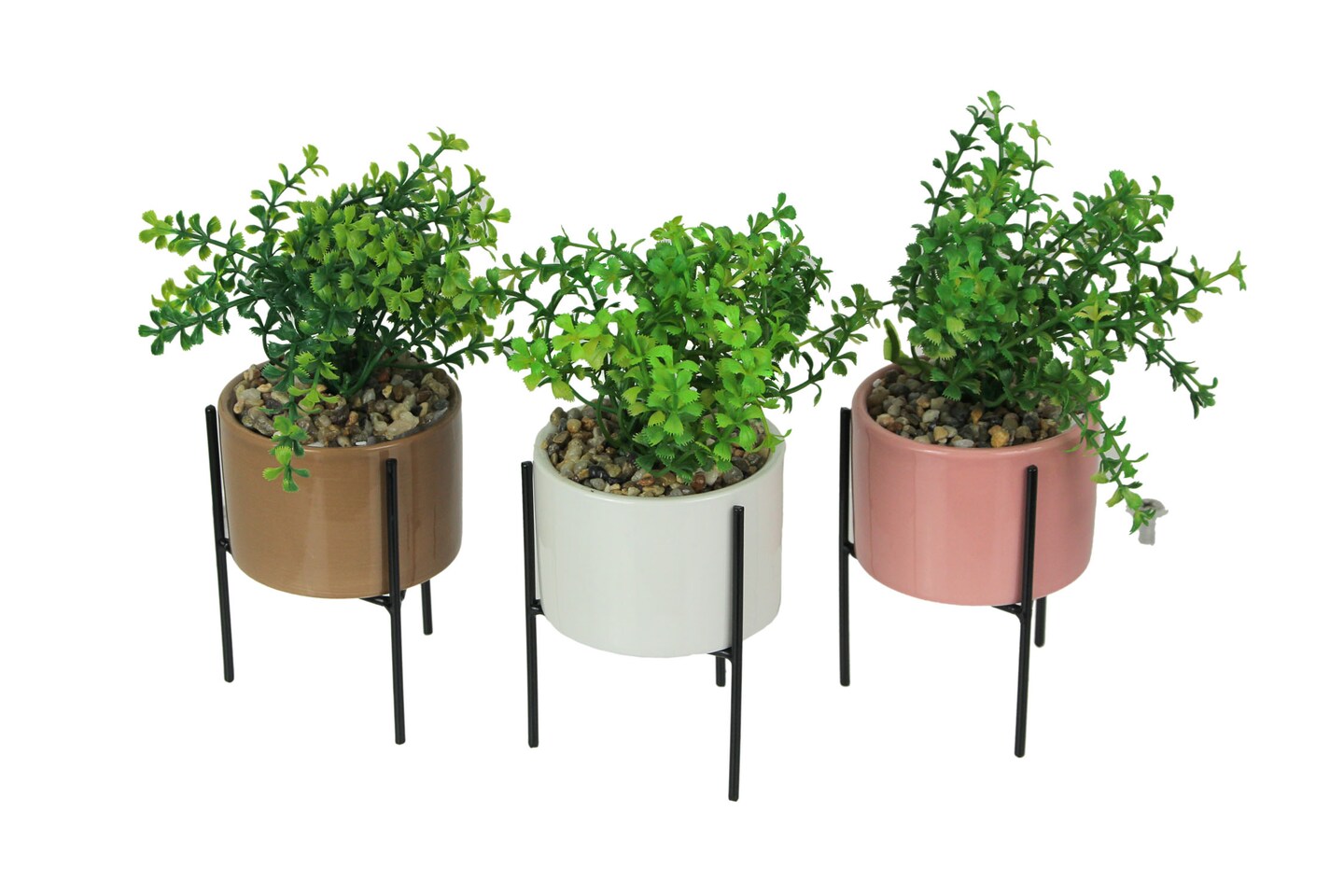 Set of 3 Artificial Potted Succulent Plants W/ Ceramic Planters And Metal Stands