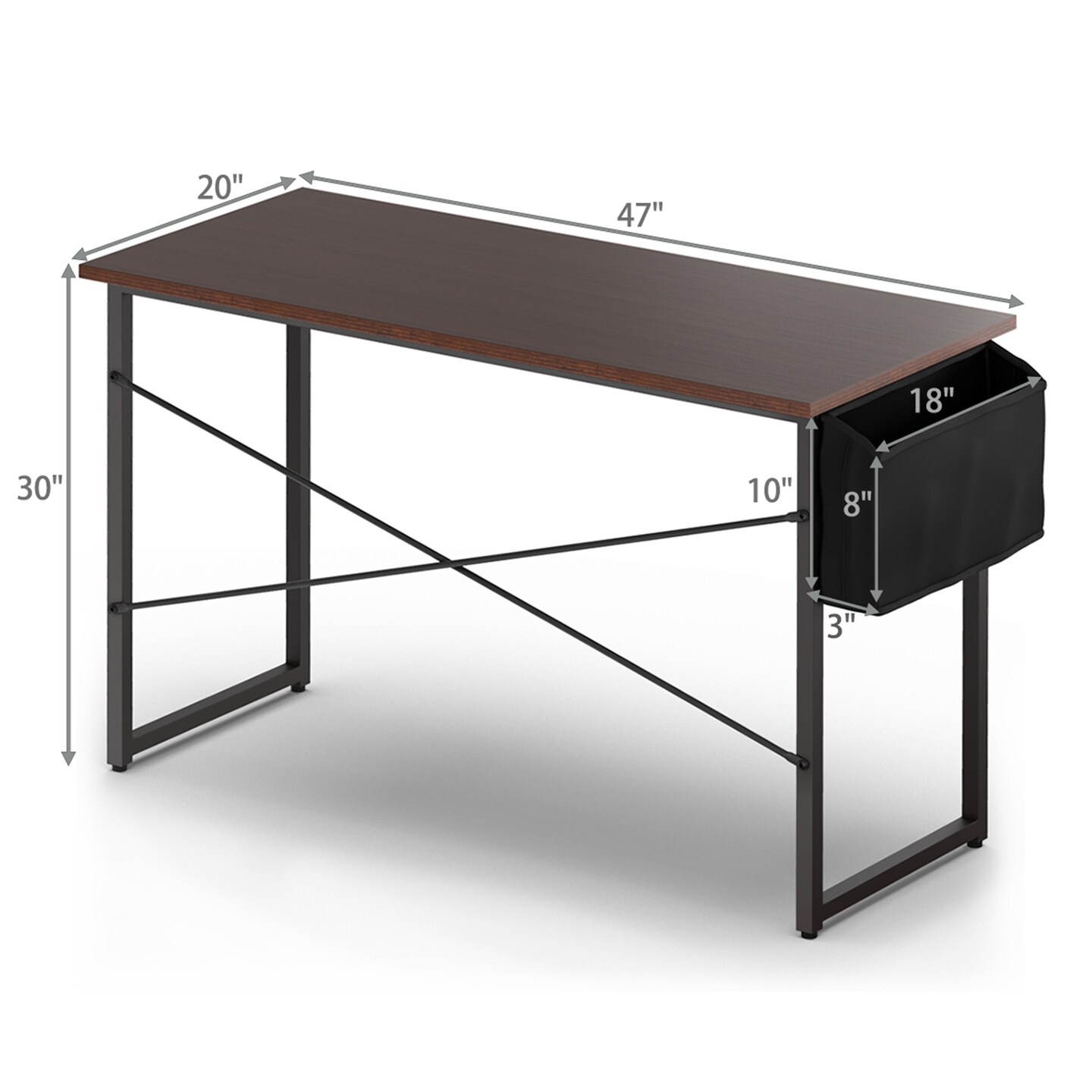 Costway Modern Computer Desk 47&#x27;&#x27; Study Writing Table w/ Storage Bag Coffee Black/Brown/Coffee