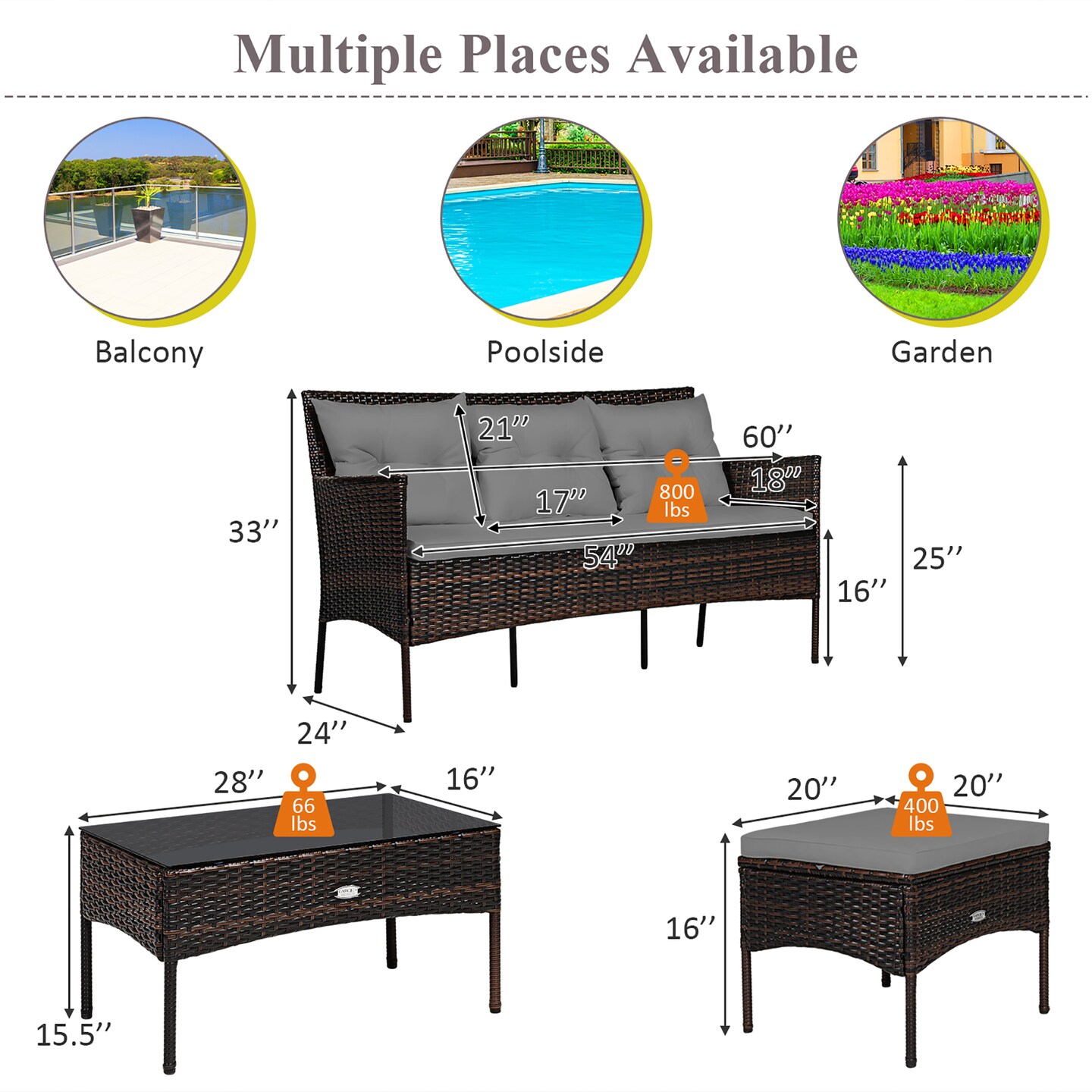 Costway 3PCS Patio Rattan Furniture Set 3-Seat Sofa Cushioned Table Garden Turqouise/Grey/Off White/Navy