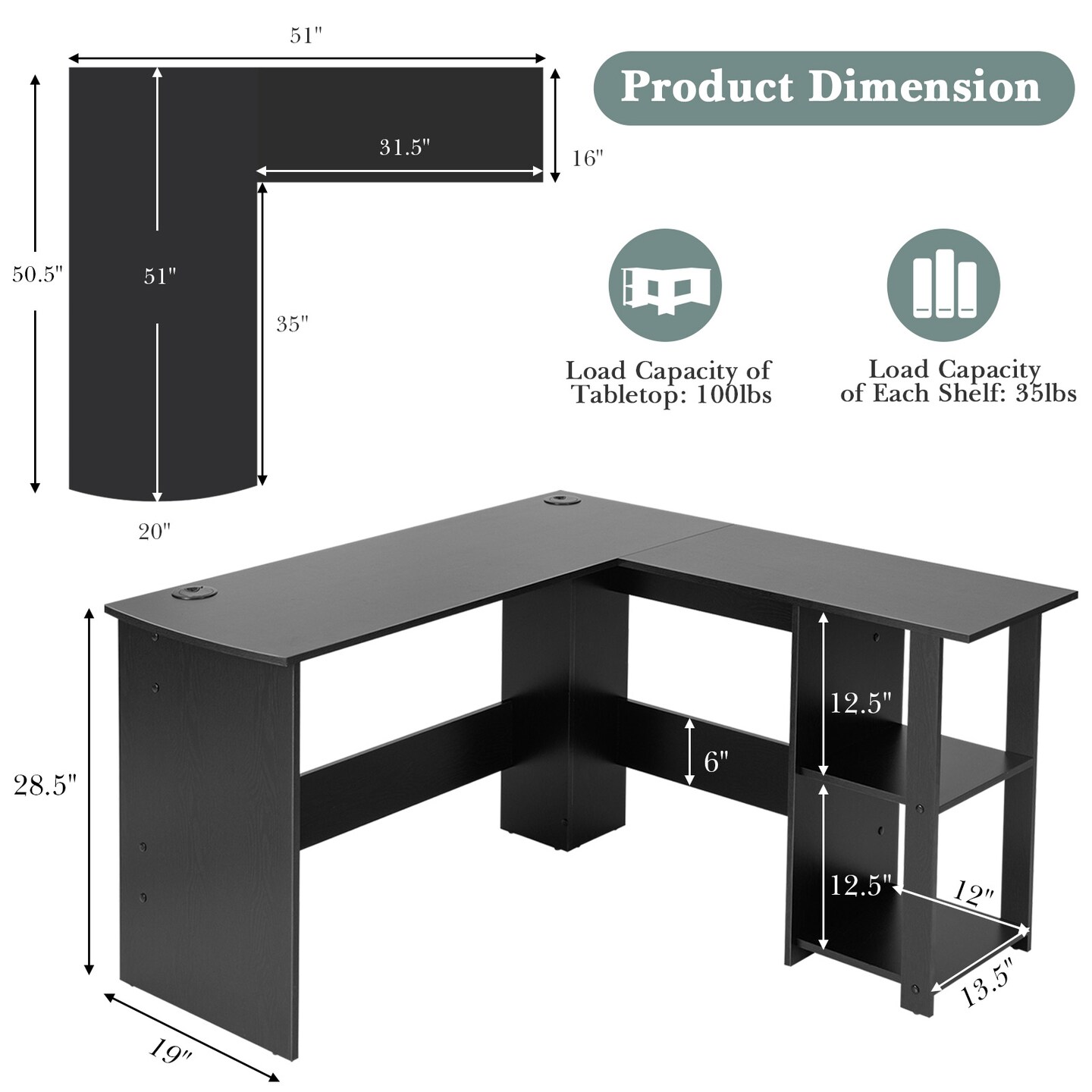 Costway L-Shaped Computer Desk, Corner Desk for Small Space, Home Office Writing Desk Laptop Workstation with 2-Tier Open Shelf