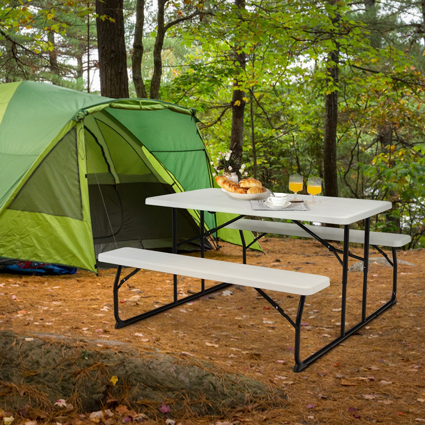 Costway Folding Picnic Table & Bench Set for Camping BBQ w/ Steel Frame White/Balck