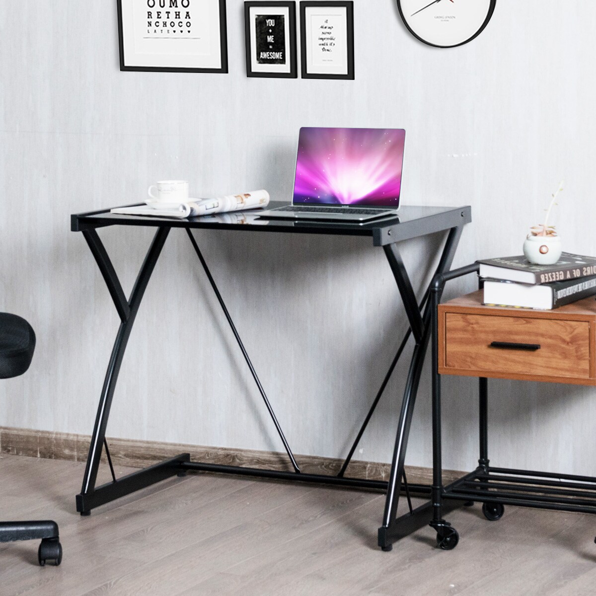 Glass Top Computer Desk Laptop Writing Study Workstation Z-Shaped Metal Frame