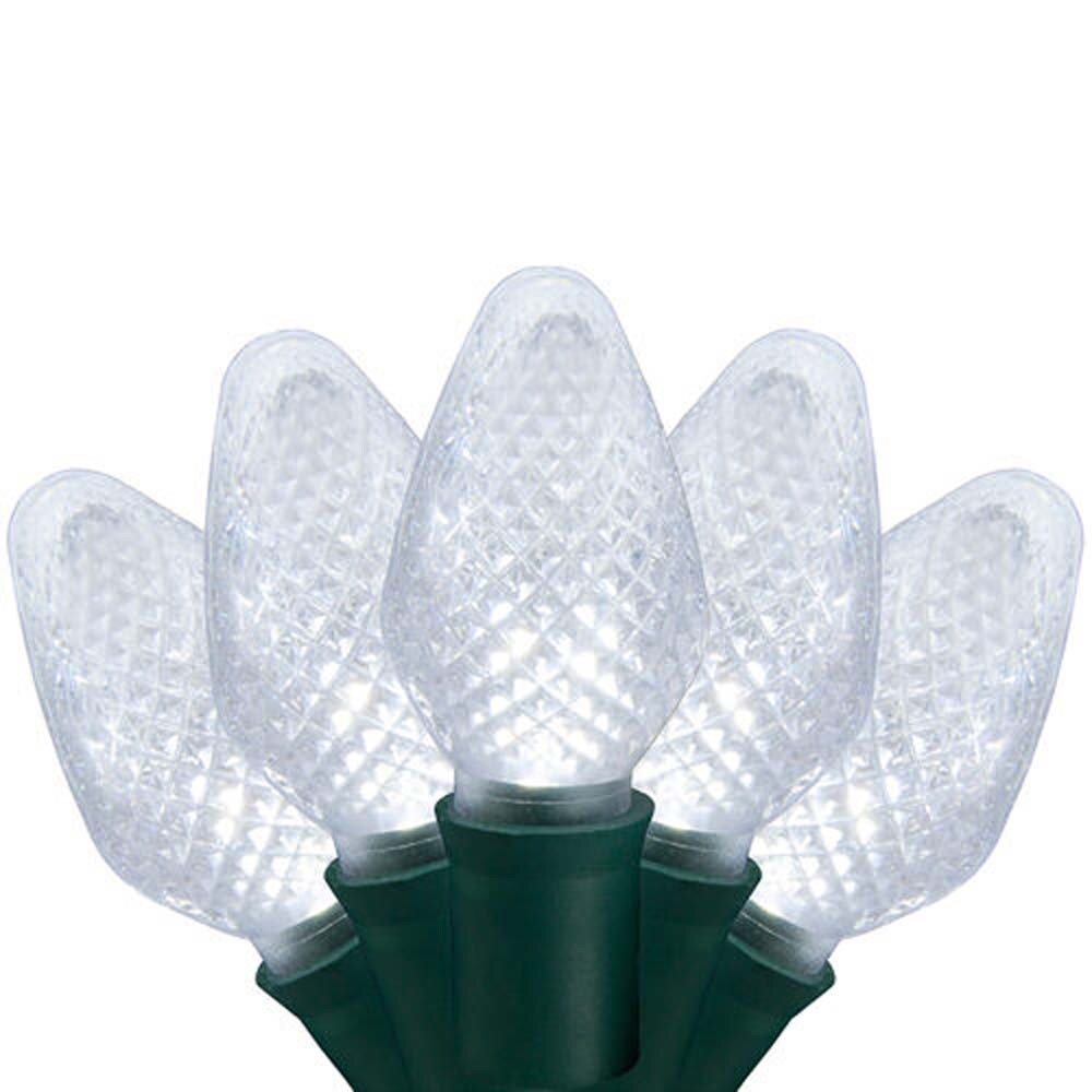 25 Cool White C7 LED Christmas Lights, Green Wire, 8" Spacing
