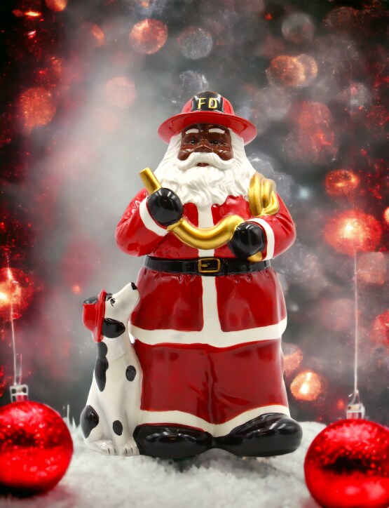 African American Firefighter Christmas Santa with Dalmation Dog Cookie Jar, Home D&#xE9;cor, Gift for Her, Him, Dad, Mom, Kitchen D&#xE9;cor