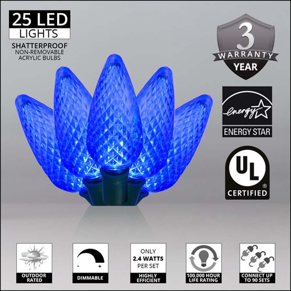 25 Blue C9 LED Christmas Lights, Green Wire, 8&#x22; Spacing