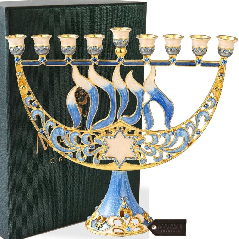 Matashi Hand Painted Enamel Menorah Candelabra W/ A Star Of David And Hanukkah Design Embellished W/ Gold Accents And