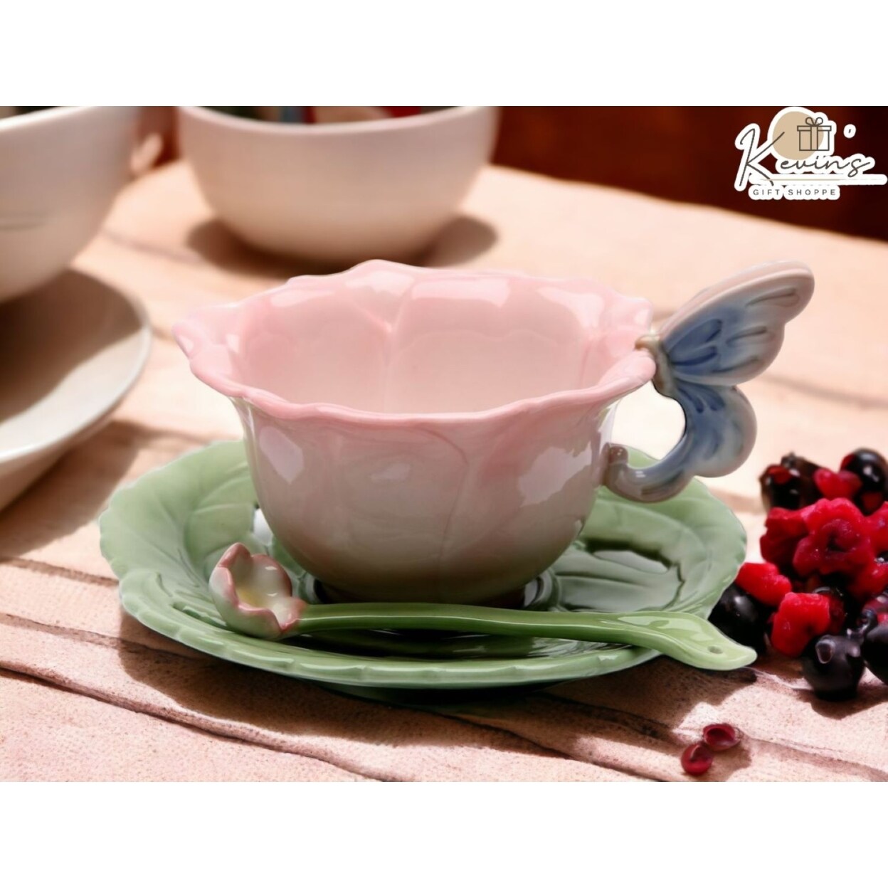 Ceramic Rose with Butterfly Cup and Saucer and Spoon1
