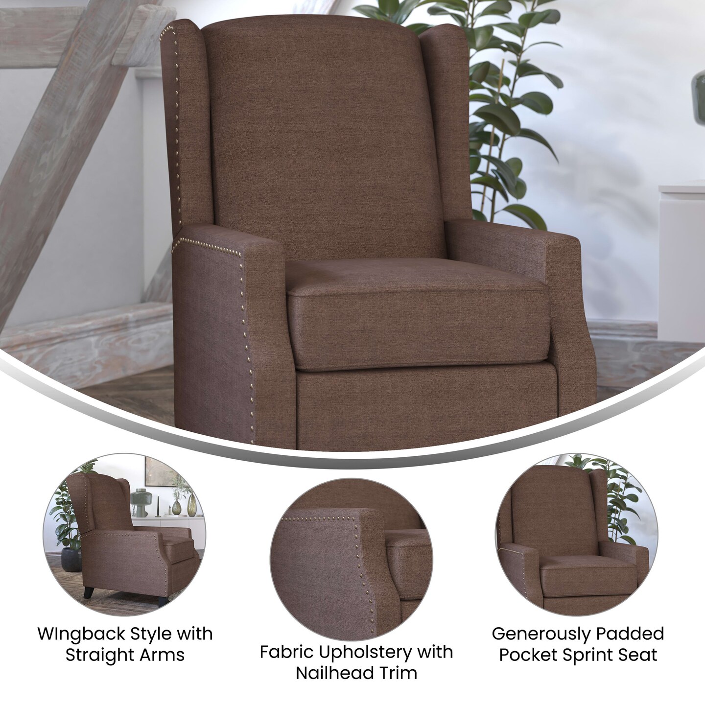 Emma and Oliver Leeds Fabric Upholstered Easy Push Back Recliner - Classic Wingback Design with Nailhead Accent Trim and Footrest