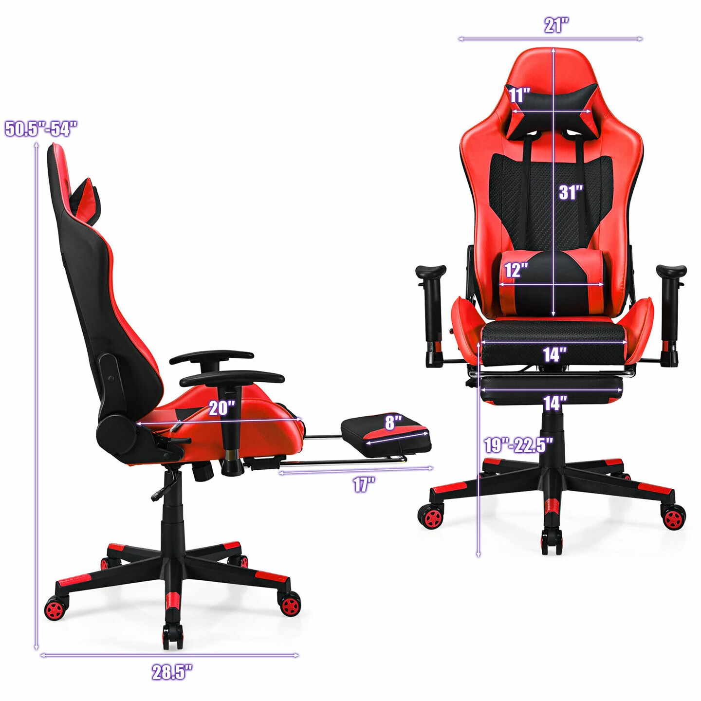 Costway Gaming Chair Massage Reclining Racing Office Computer Chair with Footrest Red