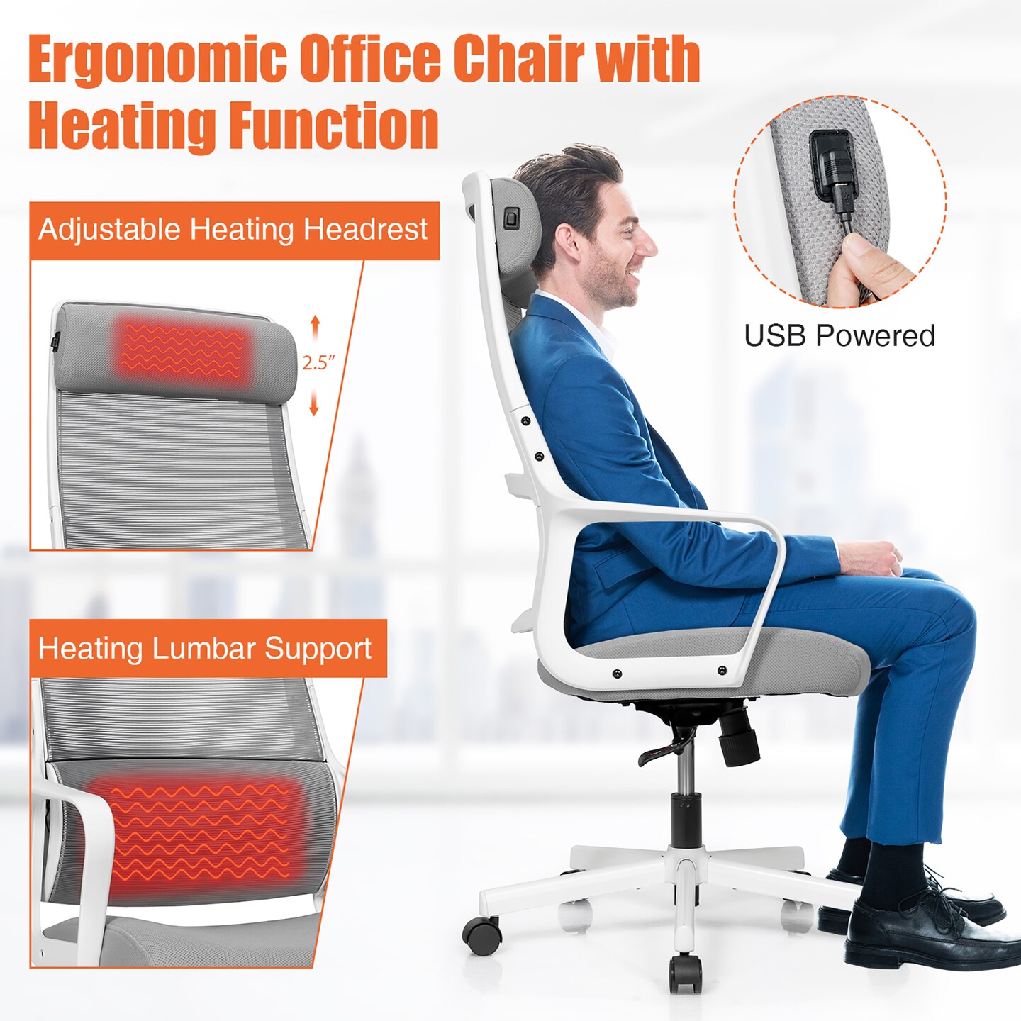 Adjustable Mesh Office Chair with Heating Support Headrest - Black