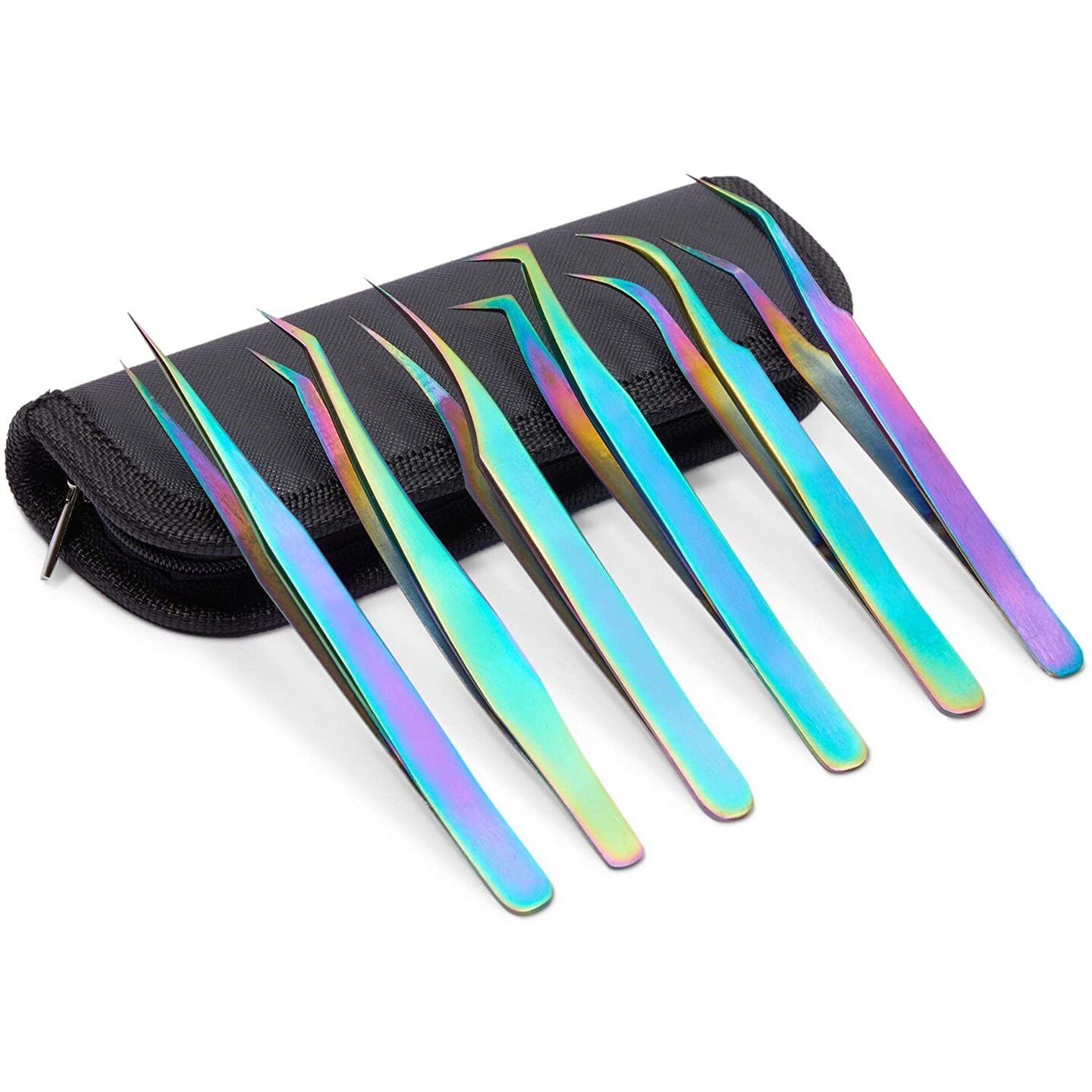6 Eyelash Extension Precision Tweezers with 1 Storage Case (Rainbow, 7 Pieces)