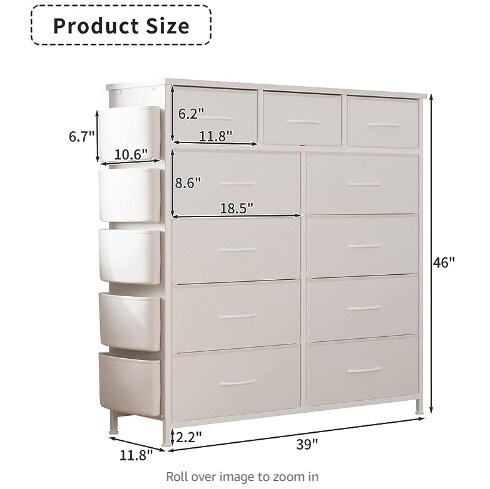 A bedroom dresser with eleven drawers, dressers and chests of drawers with side pockets, hooks, a fabric storage drawer, a steel frame, a wood top, an organizer unit, and a closet pull handle.