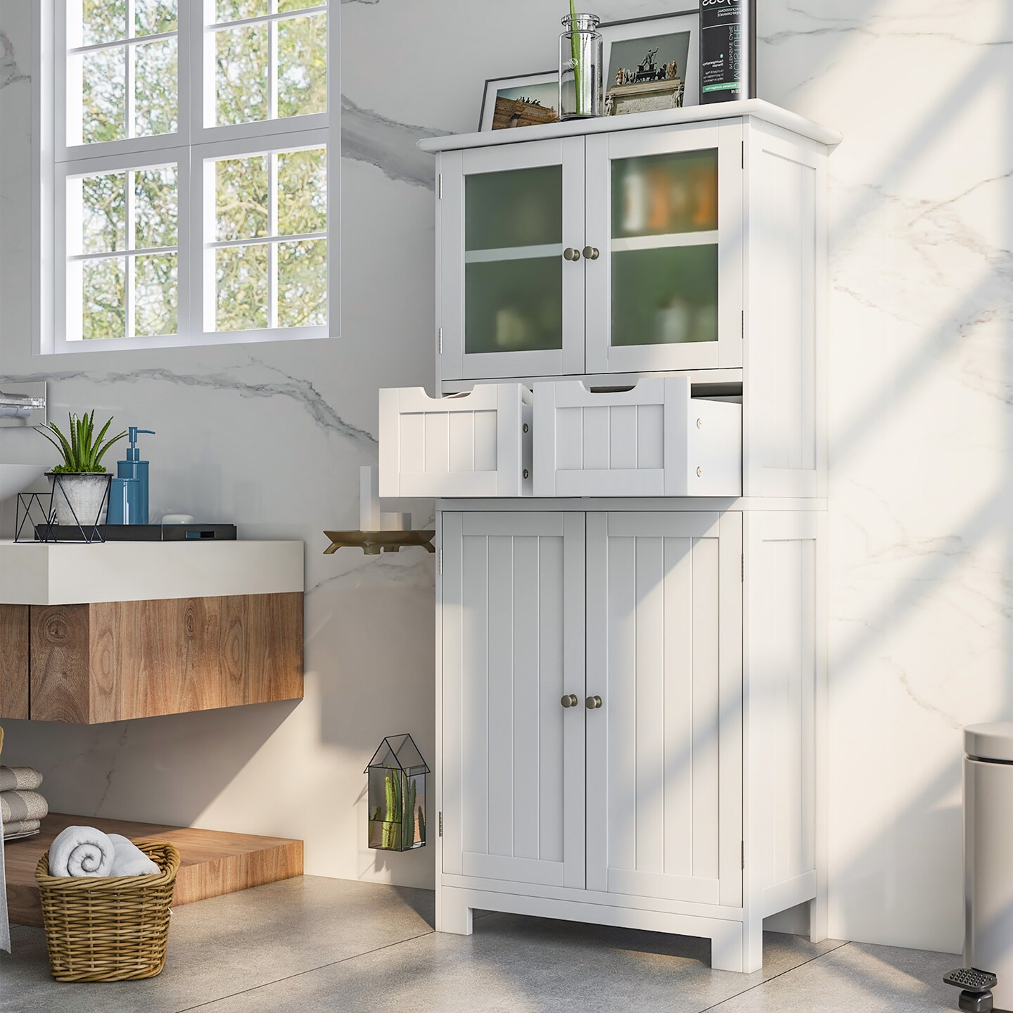 Costway Bathroom Floor Storage Cabinet Kitchen Cupboard with 2 Drawers &#x26; Glass Doors White