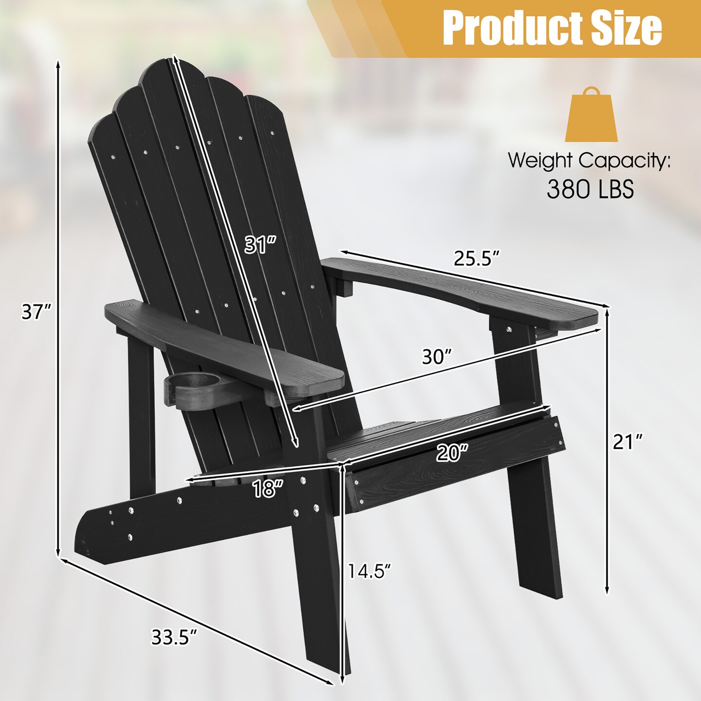 Costway Patio HIPS Adirondack Chair with Cup Holder Weather Resistant Outdoor 380 LBS Black/Teak/Green/Navy/Red/Gray/White/Yellow