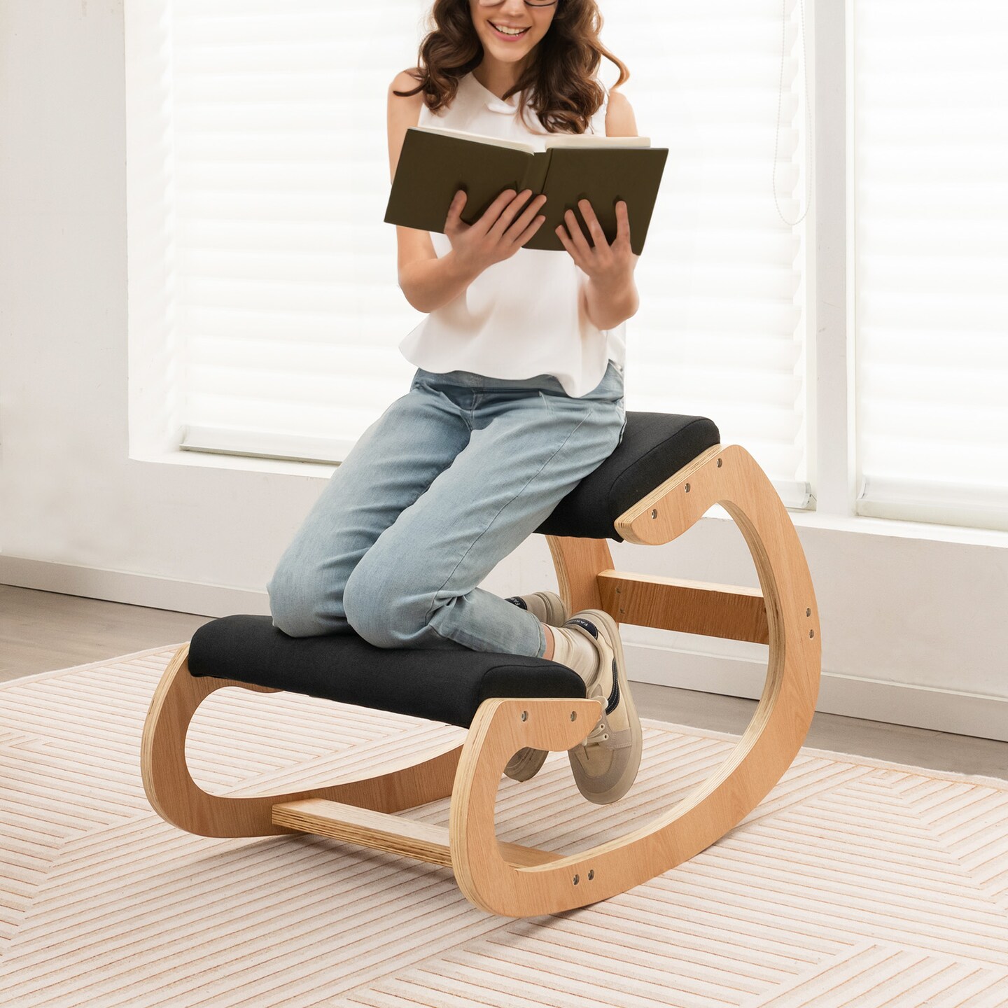 Wooden Rocking Chair With Comfortable Padded Seat Cushion And Knee Support
