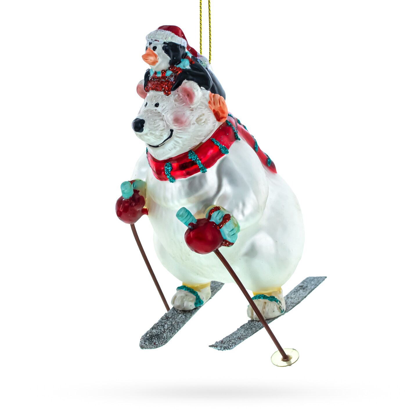 Adventurous Bear and Penguin Skiing Glass Christmas Ornament