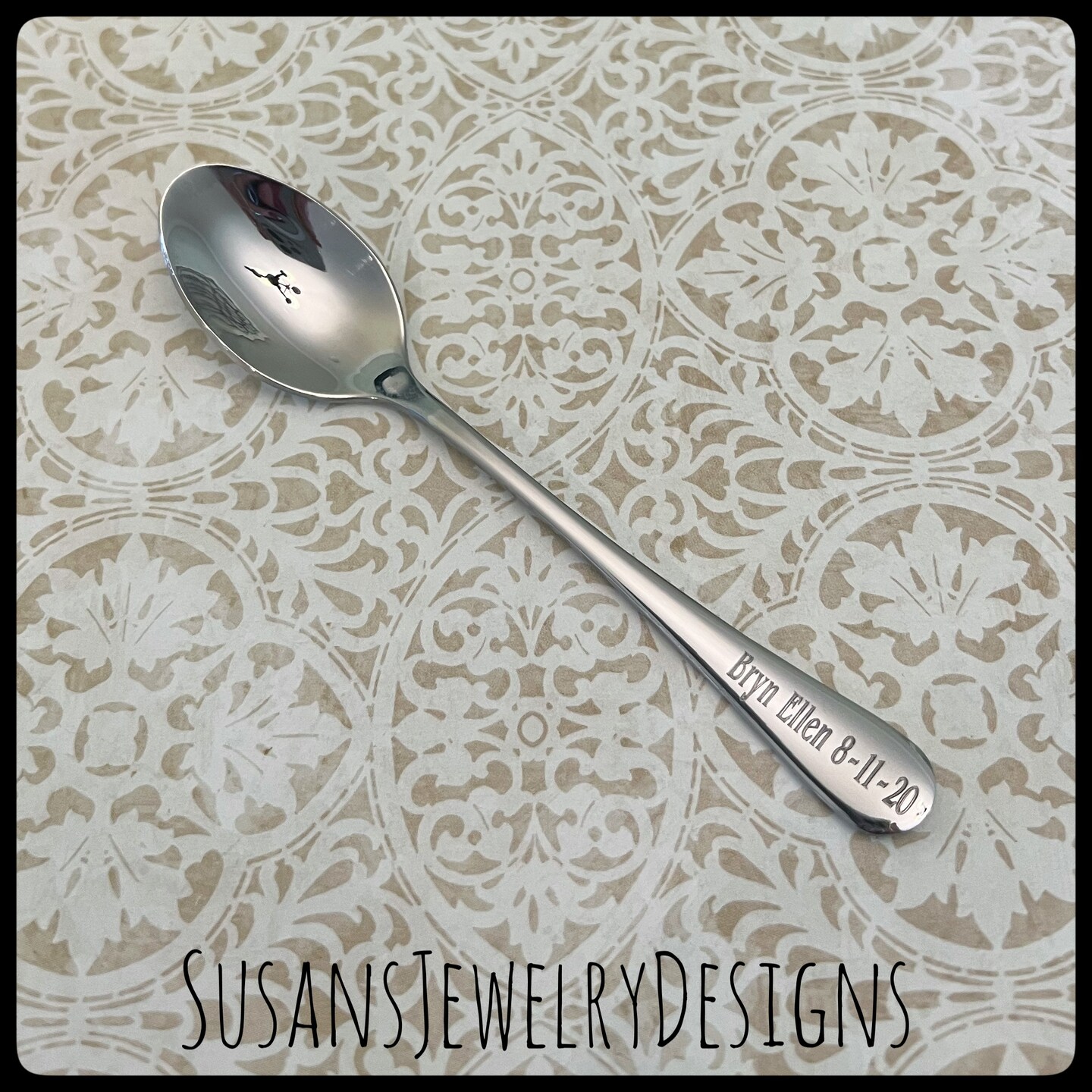 Engraved baby spoon, baby shower gift, new mom baby, name date spoon, personalized, custom wording, unisex, silver stainless steel, benguiat product 5