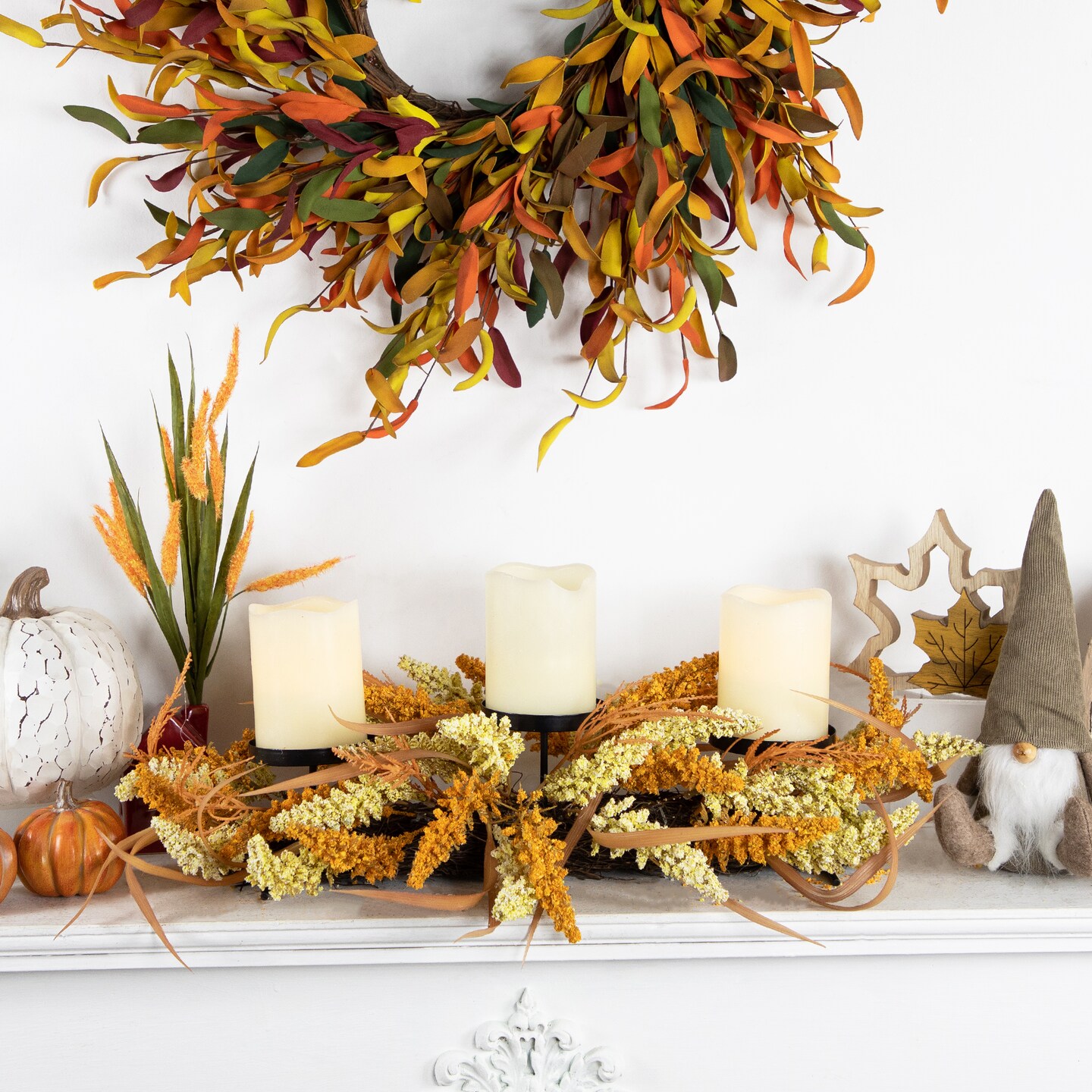 Candle Holder Harvest Triple with Metal/Glass Includes Hurricane - Thumbnail 5