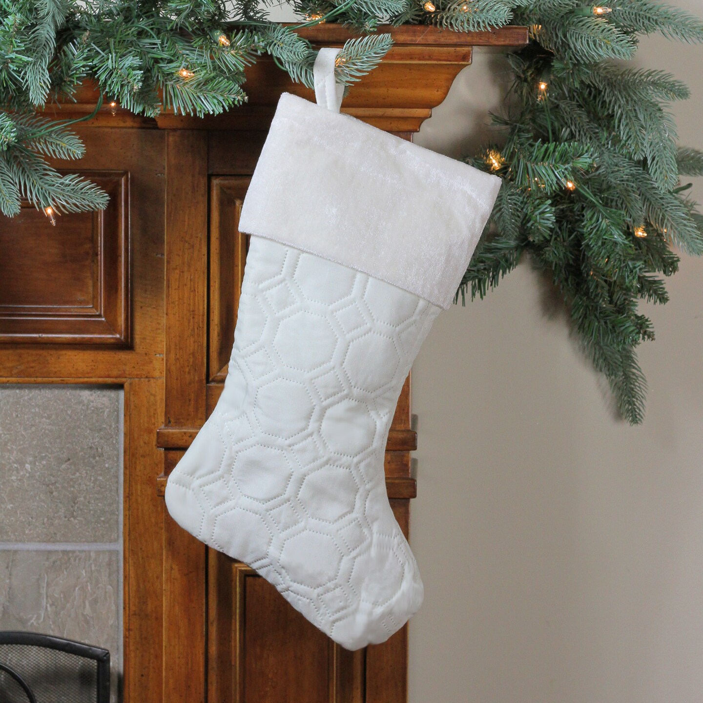Northlight Quilted Christmas Stocking with Velvet Cuff - 19" - Cream and White